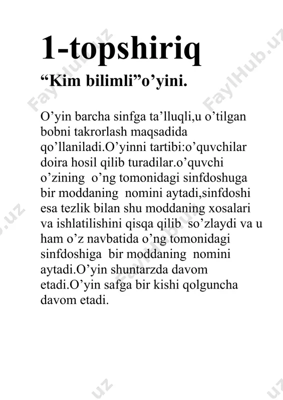 riy argon kaliy oltin brom kumush kalsiy temir neon simob 11-topshiriq “enerjayzer” 6 ta o’quvchi chiqariladi. 6 ta o’quvchi uch bo’g’inli bo’lib olib, bir o’quvchi sinfdan tashqariga chiqariladi va 6 o’quvchi bo’g’inli bunda bir so’z tanlanib, bo’g’inlarga bo’lib so’zlarni birdaniga aytishadi. o’quvchi so’zni topishi kerak. masalan: dis-sot-si-at-la-nish ar-re-ni-us e-lek-tro-lit kons-tan-ta 5-topshiriq 12-topshiriq “meni to’ldir”. bunda klaster ichiga so’zga mos,gaplar yozish kerak bo’ladi. siklo- alkanlar 13- topshiriq. “men kimman” ta’riflar keltiriladi,shundan foydalanib nima haqida gap ketayotgani topiladi. reaksiya tezligi moddalarning suv ta’sirida ionlarga ajralishi diffuziya vaqt birligi ichida modda konsentratsiyasining o’zgarishi elektroliz elektr toki ta’sirida suyuqlanmada yoki eritmada boradigan oksidlanish qaytarilish jarayoni gidroliz bir molekula atomlarining boshqa bir modda molekulalari orasiga tarqalishi 14-topshiriq “kim ko’p yozadi” bunda mavzuga oid lug’atlar yozish. 15-topshiriq “damino” bunda kvadrat kartochkalarni ikkiga bo’lib, chiziq tortiladi. bir qismida savol, bir qismida javob yoziladi. savolning javobi boshqa o’qiydi o’quvchi javob beradi. masalan: \ javob pentanda 3 ta izomeri …