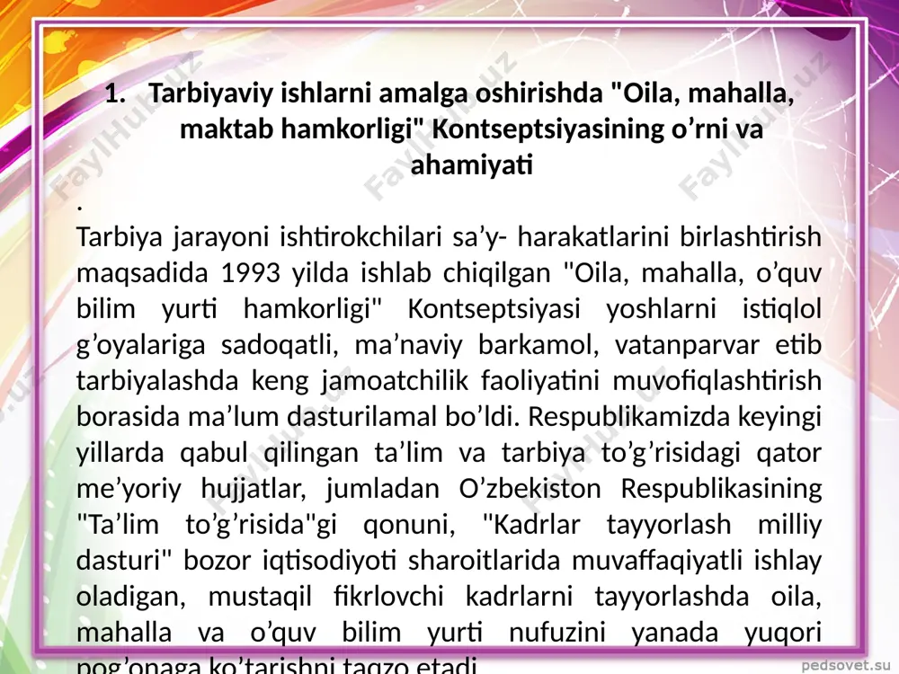 quvchiga nisbatan maktabning va oilaning yagona talablar qo’yishga erishadi; 3. sinf ota-onalar jamoasini tashkil etib, ularning sinfdagi tarbiyaviy ishlariga faol qatnashishlarini ta’minlaydi; 4. ota-onalar o’rtasida pedagogik bilimlarni tarqatadi va ularning pedagogik madaniyatini yuqori darajaga ko’taradi 5. sinfga otaliq qilayotgan tashkilotlar, oila va maktabga yordam beruvchi tashkilotlar bilan aloqa o’rnatadi va ularni sinfdagi tarbiyaviy ishlarga jalb qiladi. sinf rahbarining o’quvchini yaxshi tarbiyalashdagi oila va jamoatchilik bilan hamkorligining muvaffaqiyati ularning bola bilan qilayotgan ishlari haqida birbirlariga qanchalik ko’p, aniq va muntazam xabar berib turishlariga bog’liq. ana shu maqsadda sinf rahbari oilaga bir qator tizimli axborotlar berib turishi kerak: o’quvchining o’quv mehnatiga tavsifnoma, o’qishdagi muvaffaqiyati va muvaffaqiyatsizligi, ularning sabablari, olayotgan baholari. - o’quvchinnig ijtimoiy faolligi haqida axborotlar, o’quvchining jamoa hayotidagi ishtiroki nimalardan iborat ekanligi, jamoat topshiriqlari va vazifalarning boryo’qligi, sababi, ularga o’zining munosabati. - o’quvchining o’z o’rtoqlari, o’qituvchilari bilan munosabatida vujudga kelgan holatlarning xarakteri, maktabdagi munosabatlarnnig doirasi. sinf rahbari ota-onalar bilan ish olib …