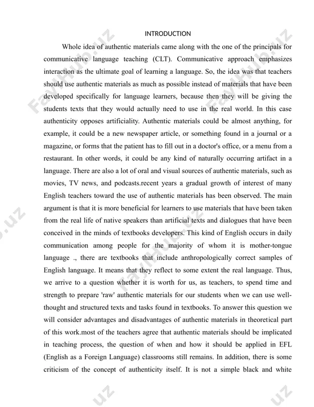 e to a question whether it is worth for us, as teachers, to spend time and strength to prepare 'raw' authentic materials for our students when we can use well-thought and structured texts and tasks found in textbooks. to answer this question we will consider advantages and disadvantages of authentic materials in theoret ical part of this work.most of the teachers agree that authentic materials should be implicated in teaching process, the question of when and how it should be applied in efl (english as a foreign language) classrooms still remains. in addition, there is some criticism of the concept of authenticity itself. it is not a simple black and white dichotomous picture - authentic or non-authentic; there are other colors in between. we will briefly observe classifications of degrees of authenticity suggested by different researchers since it can be useful for teachers., some scholars proposed three facets of authenticity: …