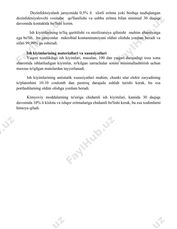 shi lozim. ish kiyimlarining to'liq quritilishi va sterilizatsiya qilinishi muhim ahamiyatga ega bo'lib, bu jarayonlar mikrobial kontaminatsiyani oldini olishda yordam beradi va sifati 99,99% ga oshiradi. ish kiyimlarining materiallari va xususiyatlari yuqori tozalikdagi ish kiyimlari, masalan, 100 dan yuqori darajadagi toza xona sharoitida ishlatiladigan kiyimlar, to'kilgan zarrachalar sonini minimallashtirish uchun maxsus to'qilgan matolardan tayyorlanadi. ish kiyimlarining antistatik xususiyatlari muhim, chunki ular elektr zaryadining to'planishini 10-9-10-12 coulomb dan pastroq darajada ushlab turishi kerak, bu esa portlashlarning oldini olishga yordam beradi. kimyoviy moddalarning ta'siriga chidamli ish kiyimlari, kamida 30 daqiqa davomida 10% li kislota va ishqor eritmalariga chidamli bo'lishi kerak, bu esa xodimlarni himoya qiladi. 📌xulosa фармацевтика заводларида иш кийимларининг сифати дори воситаларининг сифатига бевосита таъсир кўрсатиши, гигиена ва хавфсизликни таъминлаши, бу эса охир-оқибатда беморлар саломатлигини ҳимоя қилишга хизмат қилиши аниқланди. шунинг учун иш кийимларига қўйиладиган талабларни кучайтириш зарур. 📚foydalanilgan adabiyotlar 1. фармацевтика заводларида иш кийимлари ва дори воситалари сифатига таъсири. (manba …