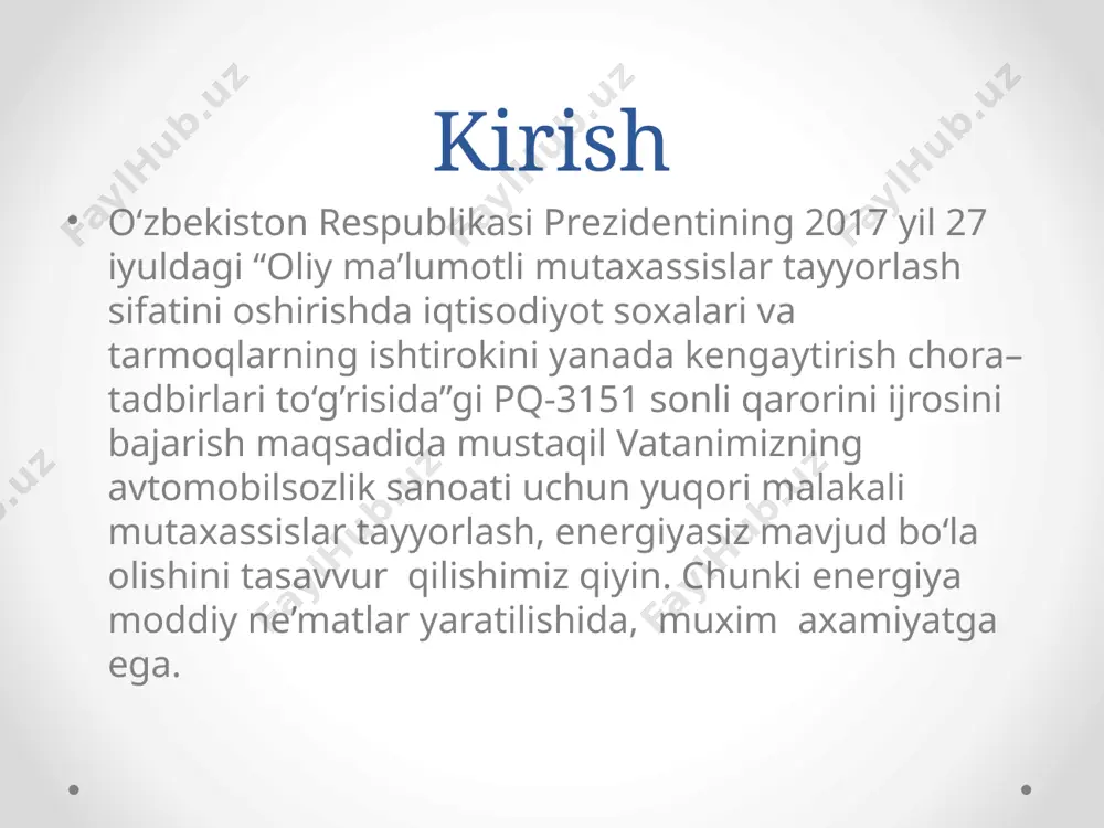 g tarkaldi. pressning gidravlik, mexanik va gidromexanik xillari bor. ular krivoshipli yoki ekssentrikli, vintli, tirsakli, reykali va richagli; vertikal va gorizontal xillarga boʻlinadi.korxonadagi 250 tonnali press apparatining modeli kb 9534 ekan kb9534 modeli metall lavha bilan ishlashda qo'llaniladigan bitta harakatli yopiq bir krankli presslarga tegishli. uning asosiy maqsadi krank presslari va shunga o'xshash presslar va bolg'a kabi boshqa uskunalarda ishlab chiqarilgan sovuq va issiq zarblarni tozalashdir. kb9534 modelining parametrlari va o'lchamlari asosiy me'yoriy hujjat - gost 10026-87 ga mos keladi. nominal quvvat, kn: 2500 slayderning zarbasi, mm: 200 slayderning urish chastotasi, 1/min: 32 shtamplash bolg'alarida, issiq zarb presslarida olingan zarb burmalarini issiq kesish uchun mo'ljallangan.asosiy harakat motorining quvvati 26,5 kvt bo`ladi. xulosa: malakaviy amaliyot davomida biz ishlab chiqarishdagi tartib qoida texnika xavfsizligi, ishdagi xushyorlik va eng asosiysi jamoa bo`lib ishlash kabi tushunchalarga ega bo`ldik. amaliyot davomida bajarilgan ishlarimizni kelajakdagi faoliyatimizda qo`llaymiz. etiboringgiz uchun raxmat! image2.png image3.png image4.png image5.png image6.png image7.png …