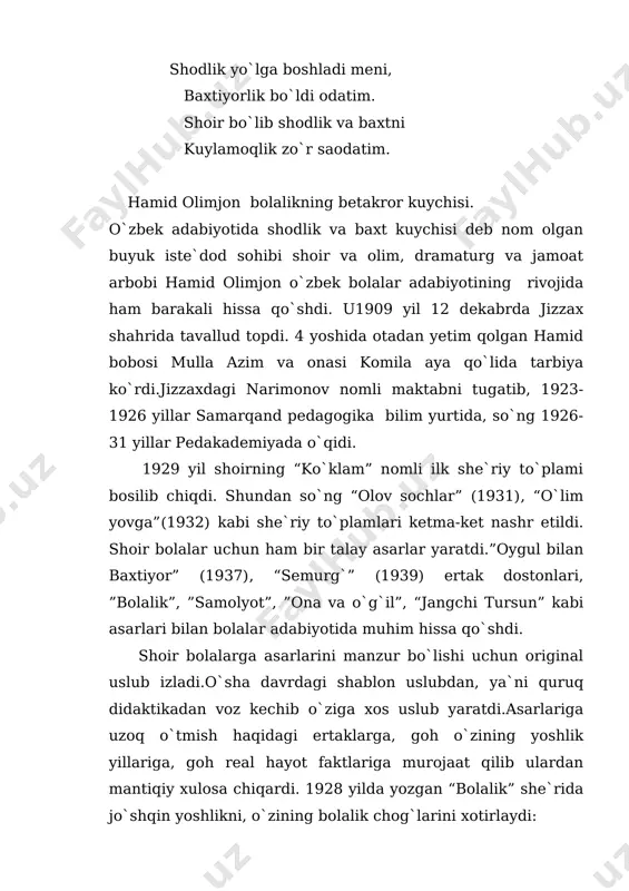 lik sabablari shunday tasvirlanadi : darxon so`z boshlab dedi: “men va qizimdan boshqa o`lmagan qul qolmadi kirib shunchalik yoshga ko`rmovdim shuncha qonni shuncha zoru-fig`onni. el xonumonin butkul sen o`t yoqib etding kul. senday qonxo`r zolimdan qolmasin deb biror zot bosh ko`tardik, zulmdan, bo`lmoqchi edik ozod”. isyon sabablarini xonning zolimligini fosh etib tashlaydi, xonga nisbatan kitobxonlarning nafratini oshiradi. jambilning zolim xoni darxonni o`ldirgach, oygulga :”menga xotin bo`lursan “ deganda oygul : taqdirim yor bo`lsa-yu fursat qulay kelsa-yu, seni agar o`ldirsam, tanangga xanjar ursam, dunyoda eng baxtiyor, odam bo`lardim, nomdor. deb g`azab bilan zolim shohga javob beradi. ona so`zlari jangchiga buyruqdek tuyuladi, qo`rquvni unutadi. ona mardlik va vatanparvarlik timsolidir: o`g`lim, bu og`ir kunlar bir kun o`tib ketadi. lekin qo`rqoqning sha`ni ming yillarga o`tadi. shuning uchun jangda mard bo`lganing yaxshi menga, qochib tirik qolgandan, o`lganing yaxshi menga. hamid olimjon ijodiy merosi. o`zbek xalq og`zaki ijodi durdonasi “alpomish” dostonini birinchi marta 1938 yilda nashrga …