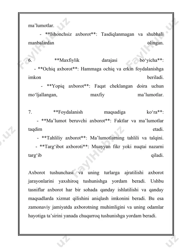 yo bo'ylab facebook, twitter, va instagram ijtimoiy tarmoqlari ishonch jihatidan turli baholanishga ega. 3. **kitob va ilmiy adabiyotlar**: akademik va ilmiy izlanishlar uchun ishonchli axborot manbalaridan hisoblanadi. o'zbekiston milliy kutubxonasi va viloyat kutubxona tarmoqlari har yili millionlab kitobxonlarga xizmat ko'rsatadi. kitoblarning ishonchlilik darajasi muallifning tajribasiga va nashriyot nufuziga bog'liq. 4. **hukumat hisobotlari va statistik ma'lumotlar**: hukumat agentliklari va statistika qo'mitalari tomonidan chiqariladigan hisobotlar ishonchli ma'lumot manbalaridir. o'zbekiston respublikasi davlat statistika qo'mitasi va boshqa davlat idoralari muntazam ravishda iqtisodiy, ijtimoiy va demografik ma'lumotlarni taqdim etadi. 5. **o'quv va ilmiy tadqiqot muassasalari**: universitetlar va tadqiqot institutlari orqali olinadigan ma'lumotlar ham ishonchli hisoblanadi. o'zbekiston milliy universiteti va toshkent davlat iqtisodiyot universiteti ilmiy tadqiqotlari va nashrlari sifatli va ishonchli axborot beradi. 6. **jamoatchilik so'rovlari va tadqiqot firmalari**: marketing va sotsiologik tadqiqotlar olib boruvchi kompaniyalar va tashkilotlar (masalan, ijtimoiy fikr markazi) tomonidan ishlab chiqilgan hisobotlar ko'pincha dalil va raqamlarga asoslanadi. ushbu tashkilotlar tomonidan o'tkazilgan jamoatchilik …