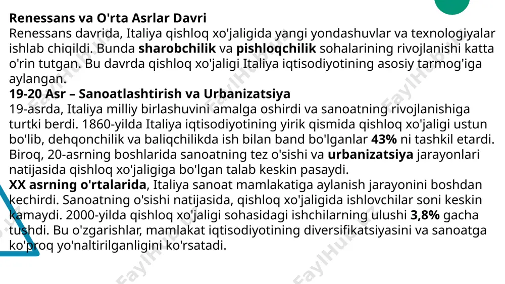 b, eksport va turizm sohalariga katta hissa qo'shadi. mahalliy mahsulotlar global bozorni zabt etmoqda. oziq-ovqat madaniyati: italiya qishloq xo'jaligining oshpazlik an'analari bilan bog'liqligi. italiya qishloq xo'jaligi oziq-ovqat madaniyatining asosiy qismi bo'lib, oshpazlik an'analari bilan chambarchas bog'liq. mahalliy mahsulotlar, masalan, pomidor, zaytun va pishloq, italyan taomlarining ajralmas qismi hisoblanadi. ushbu mahsulotlar nafaqat ta'mni, balki madaniyatni ham ifodalaydi. photo by t j on unsplash barqaror dehqonchilik amaliyotlari: tarixi va rivojlanish jarayonlari. 1 barqaror dehqonchilik tarixi italiya qishloq xo'jaligida barqaror dehqonchilik amaliyotlari qadim zamonlardan boshlangan bo'lib, u yerda tabiiy resurslardan oqilona foydalanish an'anasi mavjud. 2 zamonaviy rivojlanish 20-asrning o'rtalaridan boshlab, italiyada barqaror dehqonchilik amaliyotlari jadal rivojlanib, ekologik muammolarni hal qilishga qaratilgan yangi texnologiyalar joriy etildi. 3 yuqori sifatli mahsulotlar barqaror dehqonchilik amaliyotlari natijasida italiya agrofood mahsulotlari, masalan, zeytun, vino va sabzavotlar, butun dunyoda yuqori sifat bilan tanilgan. italiyada barqaror dehqonchilikning asosiy tamoyillari. barqaror resurslar italiyada barqaror dehqonchilik, suv va tuproq kabi tabiiy resurslardan …