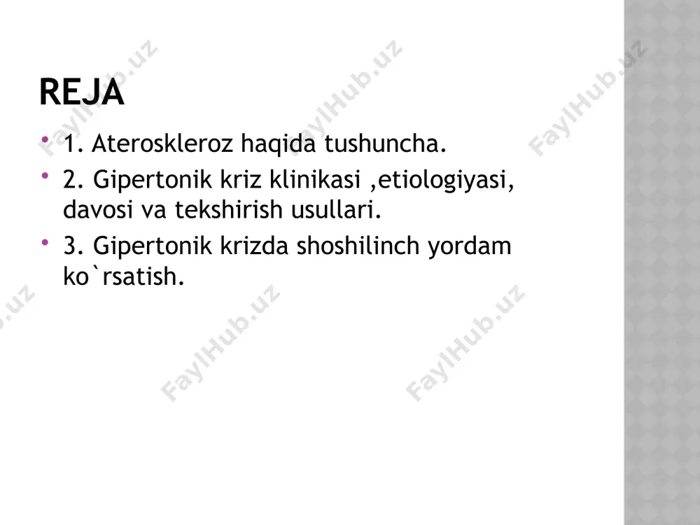 imni ko`tarilishi bo`lib, surunkali kechuvchi patologik jarayon hisoblanadi va ko`p bemorlarda sekinlik va belgilarsiz boshlanadi. etiologiyasi nasliy moyillik. ortiqcha vazn. yuqori kaloriyali taomlar. osh tuzini me`yoridan ortiqcha qabul qilish. gipodinamiya. zararli odatlar. asab sistema zo`riqishi. qon bosimi darajasiga ko`ra ag tasnifi qon bosimi ko`rsatkichi qon bosimi, mm sim. ust. sistolik qon bosimi diastolik qon bosimi optimal <120 <80 me`yorida 120-129 80-84 yuqori me`yorida 130-139 85-89 ag 1 daraja 140-159 90-99 ag 2 daraja 160-179 100-109 ag 3 daraja ≥180 ≥110 yakkalangan sistolik ag ≥140 <90 klinikasi klinik ko`rinishi qon bosim darajasiga bog`liq va bemorlarni 50%da shikoyatlar bo`lmasligi mumkin. bosh og`rig`i. bosh aylanishi. quloq shang`illashi. yurak sohasidagi og`riq. tez charchash. xotira susayishi. ko`rishning pasayishi. qayd qilish. obyektib tekshiruv arterial bosimni o`lchash. uyqu arteriya pulsatsiyasi . laborator tekshiruv xolesterin. lipoproteidlar miqdori oshishi. 2-bosqichda kreatinin va mochevina ko`rsatkichlari. ba`zi hollarda proteinuriya kuzatiladi. ekgda chap qorincha gipertrofiyasi aniqlanadi. davosi diuretiklar (veroshpiron, furosemid). beta adrenoblokatorlar …