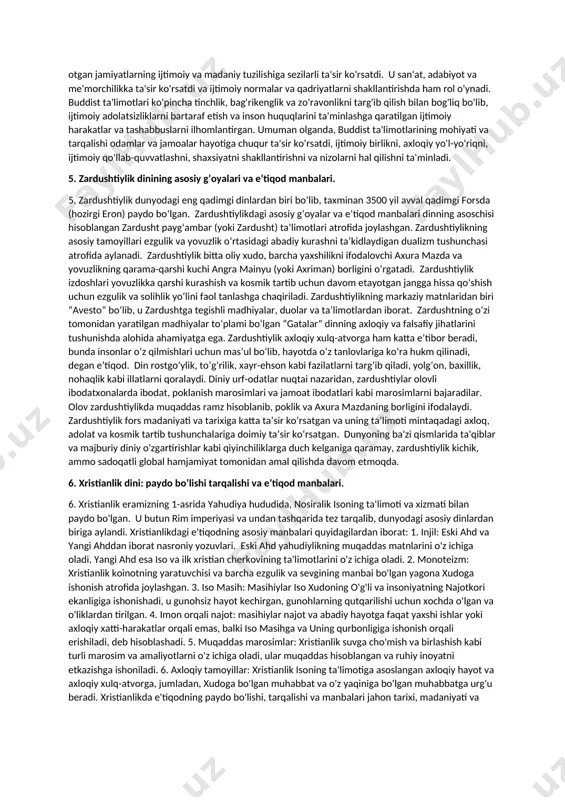 irib, xulq-atvor qoidasiga aylantiradi. madaniyat rivojiga katta ta'sir ko'rsatib, umuminsoniy va milliy qadriyatlarni saqlab qolish va avloddan- avlodga yetkazish ishiga yordam beradi. din insonning ishonchli hamrohi, odamzot hayotining bir qismi boʻlib kelgan. unga turli davrda turlicha munosabatda bo'lingan. dinni jamiyatning hukmron kuchlari davlat siyosati darajasiga ko'targan yoki din hamda dindorlarni ayovsiz ta'qib ostiga olgan hollar tarixda ko'p uchraydi. yaqin o'tmishda - sho'rolar davrida dinni kamsitish va unga qarshi kurash siyosati olib borildi. o'zbekiston mustaqillikka erishgach, din madaniy-ma'naviy omillar umumiy silsilasiga kiruvchi teng huquqli qadriyat sifatida tan olindi va dinga to'la erkinlik berildi. diniy jamoalar, tashkilotlarga qonun doirasida ochiq va daxlsiz faoliyat ko'rsatish imkoniyati yaratildi. oʻzbekistan aholisining asosiy qismi islom diniga, yevropalik aholi xristianlikning pravoslaviye mazhabiga e'tiqod qiladi. ular b-n bir qatorda katolik, protestant, boshqa mazhab (jami 15 dan ortiq konfessiya) vakillari yashaydi. ular vatan mustaqilligini mustahkamlash, siyosiyijtimoiy barqarorlikni ta'minlash yo'lida faoliyat yuritmoqdalar. o'zbekiston dunyoviy davlat boʻlib, din davlatdan ajratilgan. vijdon …