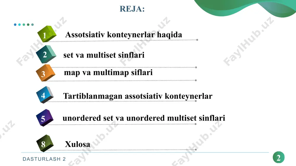 i ta'minlovchi tur. 6 difference_type iteratorlar tomonidan ko'rsatilgan elementlar orasidagi diapazonda to'plamdagi elementlar sonining vakili sifatida foydalanish uchun mos bo'lgan imzolangan butun son turi. 7 iterator to'plamdagi istalgan elementni o'qishi yoki o'zgartirishi mumkin bo'lgan ikki tomonli iteratorni ta'minlovchi tur. dasturlash 2 set uchun aniqlangan turlar 6 № nomi izoh 8 key_ compare to'plamdagi ikkita elementning nisbiy tartibini aniqlash uchun ikkita xil ele-mentlarni taqqoslashi mumkin bo'lgan funktsiya obyekti bilan ta'minlaydigan tur. 9 key_type saralash kalitiga xos bo'lgan qobiliyatlari jihatidan to'plam sifatida saqlangan obyektni tavsiflovchi tur. 10 pointer bir to'plamdagi elementga ko'rsatgichni ta'minlaydigan tur 11 reference to'plamda saqlanadigan elementga mos yozuvlar beradigan tur. 12 reverse_ iterator inverted to'plamda elementni o'qiy oladigan yoki o'zgartiradigan ikki tomonlama iteratorni ta'minlaydigan tur. 13 size_type to'plamdagi elementlar sonini ifodalashi mumkin bo'lgan imzolanmagan butun son turi. 14 value_ compare to'plamdagi ularning nisbiy tartibini aniqlash uchun ikkita elementni taqqoslashi mumkin bo'lgan funktsiya obyekti bilan ta'minlaydigan tur. 15 value_ type …