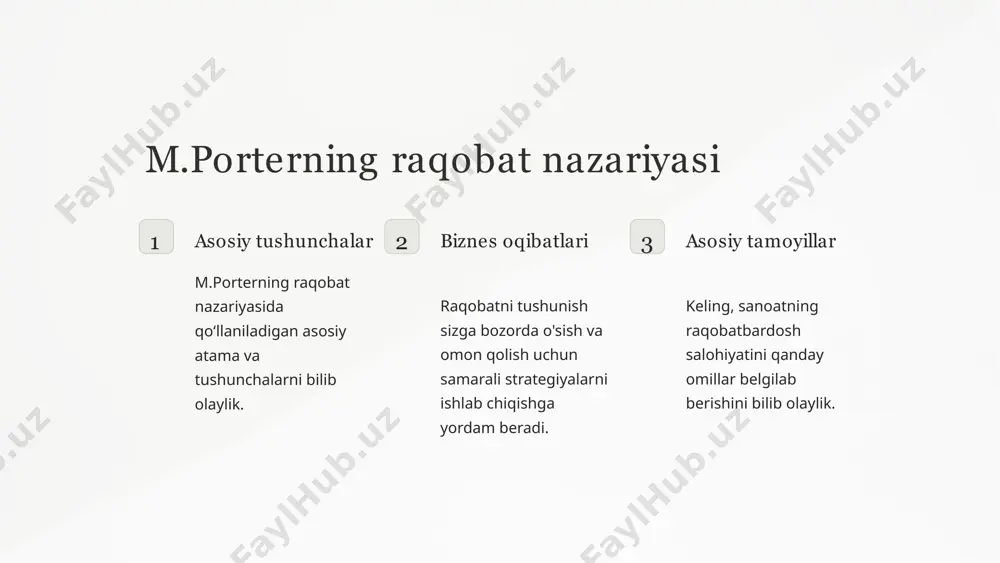 arga ta'sir etuvchi omillar ma'lumotdan qanday foydalanish kerak tovarlarning narxi va sifati biz narx, sifat va xaridorning afzalliklari o'rtasidagi munosabatni tahlil qilamiz. afzalliklar va ta'mlar keling, mijozlarning didini tushunish bizga yanada muvaffaqiyatli mahsulotlarni ishlab chiqishga qanday yordam berishini bilib olaylik. daromad darajasi xaridorning daromadi ularning tovar va xizmatlarni sotib olish qobiliyati va istagiga qanday ta'sir qilishini ko'rib chiqing. 6 yetkazib beruvchi tahlili 1 strategik hamkorlar ishonchli yetkazib beruvchilar bilan hamkorlik qanday qilib kompaniyaning raqobatbardoshligini oshirishi mumkinligini bilib olaylik. 2 narx va mavjudlikning ta'siri biz etkazib beruvchilarning narxi va mavjudligi biznesga qanday ta'sir qilishini ko'rib chiqamiz. 3 bozor konsentratsiyasi biz bozor kontsentratsiyasi etkazib beruvchilarning quvvatini kamaytirishga qanday ta'sir qilishini tahlil qilamiz. 7 m.porterning raqobatning 5 ta kuch modelining tanqidi va cheklanishi 1 cheklash keling, m. porter o'z modelida uning cheklovlarini hisobga olmaganligini aniqlaylik. 2 tanqid keling, m.porter modeliga qarshi bildirilgan qarama-qarshilik va tanqidlarni o'rganamiz. 3 modernizatsiya keling, bozordagi yangi omillar va …