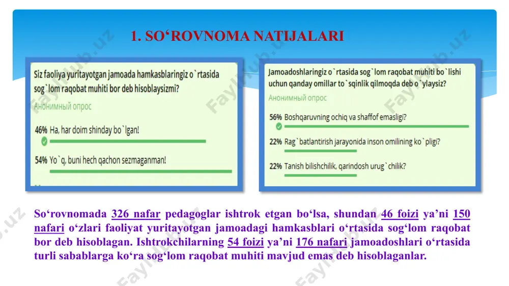 shuning uchun aqsh maktablarida pedagoglar o‘rtasida raqobat o‘z ustida ishlash orqali yaxshi moliyaviy imkoniyatlarga ega bo‘lishda ko‘rinadi. rasmiy bo‘lmagan ijtimoiy aloqalarga kirishish unchalik ham ahamiyatli emas. yaxshi ishlaganligi uchun qimmatbaxo sovg‘lar berish odatiy hol. pedagog xodimlarni yuqori natijaga erishgan (xalq ta’limi a’lochisi, xalqaro olimpiadalar g‘oliblarini tayyorlaganligi uchun) kamunal to‘lovlardan imtiyozlarga ega bo‘lishi, ular o‘rtasida yaxshi natijalar uchun ishlashiga imkon beradi. 3 o‘qituvchilar so‘nggi yillarda pedagoglarga xos bo‘lmagan ishlardan ozod qilindi. tajriba almashish va hamkorlik imkoniyatlari yaratildi shaxsiy transport va benzin bilan ta‘minlanadi, uy-joy xarajatlarini to‘liq yoki qisman qoplanadi. ta’lim tizimida yutuqqa erishgan pedagoglar uchun uy-joy xarajatlarini to‘liq yoki qisman qoplanishi. qiyosiy tahlil xulosa maktabda pedagog xodimlar o‘rtasida sog‘lom raqobat muhitini yaratish, o‘qituvchilarning bilim va mahoratini oshirishga katta hissa qo‘shadi. shu bilan birga, pedagoglar o‘rtasidagi raqobat adolatli, ochiq va ijobiy bo‘lishi kerak, shunda u o‘qituvchilarning motivatsiyasini oshiradi va ularning samarali ishlashiga turtki bo‘ladi. umuman olganda, sog‘lom raqobat muhitini yaratish pedagoglarning rivojlanishiga …