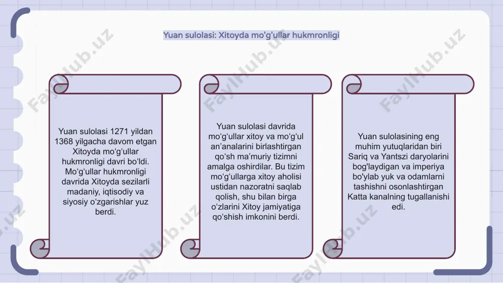 itoy tibbiyoti asrlar davomida ishlab chiqilgan an'anaviy davolash usullariga asoslangan edi. u muvozanatni tiklash va davolanishni rag'batlantirish uchun akupunktur, o'simlik dori-darmonlari va massaj terapiyasi kabi turli usullarni o'z ichiga oladi. ushbu amaliyotlar zamonaviy xitoyda keng qo'llanilishida davom etmoqda va dunyoning boshqa ko'plab qismlarida ham mashhurlikka erishdi. xitoyda sulola davri: imperiyalarning yuksalishi va qulashi xitoydagi sulolaviy tsikl o'z tarixi davomida imperiyalarning yuksalishi va qulashi naqshini anglatadi. bu yangi sulolaning paydo bo'lishi, uning o'sishi va gullab-yashnashi, so'ngra tanazzul va yakuniy qulash davrini o'z ichiga oladi. ushbu tsikl xitoy tarixida bir necha bor takrorlangan, har bir sulola mamlakatga doimiy ta'sir ko'rsatgan. e'tiboringiz uchun rahmat