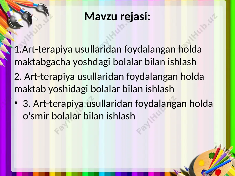 ng ijodiy tarkibiy qismini shakllantirishda ijobiy yordam beradi. kitob terapiyasi kattalar rahbarligida maxsus tanlangan adabiyotlarni o'qib, ularni muhokama qilish bolaning aqliy holatini optimallashtirishga yordam beradi. multiterapiya animatsion filmni tomosha qilgandan so'ng suhbat nafaqat ajoyib, sehrli ma'nolarni bolaning haqiqiy hayotiy bilimlari ifoda qilishga yordam beradi, bir vaqtning o'zida nutq, fikrlash, diqqatni rivojlantirish va o'z nuqtai nazarini himoya qilish qobiliyatini rivojlantirish muammolarini hal qiladi. maktabgacha yoshdagi bolalar uchun artterapiya samarali hal qiladigan asosiy vazifalar: bilish jarayonlarini, nutq faoliyatini rivojlantirish, xatti-harakatlarni tuzatish. bolalarning hissiy holatini uyg'unlashtirish. madaniy bilimlarini (adabiyot, teatr, musiqa, rasm, haykaltaroshlik, fotosuratlar) bilan tanishish orqali kengaytirish. ijodiy salohiyatni oshirish. fikrlashning o'ziga xosligini rivojlantirish. diqqat va xotirani yaxshilash. faol hayotiy pozitsiyani shakllantirish. o'z-o'ziga bo`lgan bahosini ko`tarish. kommunikativ qobiliyatlarni rivojlantirish. art-terapiyaning maktabgacha yoshdagi bolalar uchun afzalliklari. birinchidan, mutlaqo xavfsizdir. ularda raqobat yo'q, har bir bola o'zi yoqtirgan narsani qiladi va o'z maqsadlariga erishishga harakat qiladi. ikkinchidan, har bir darsdan so'ng aniq natijaga erishilganligi …