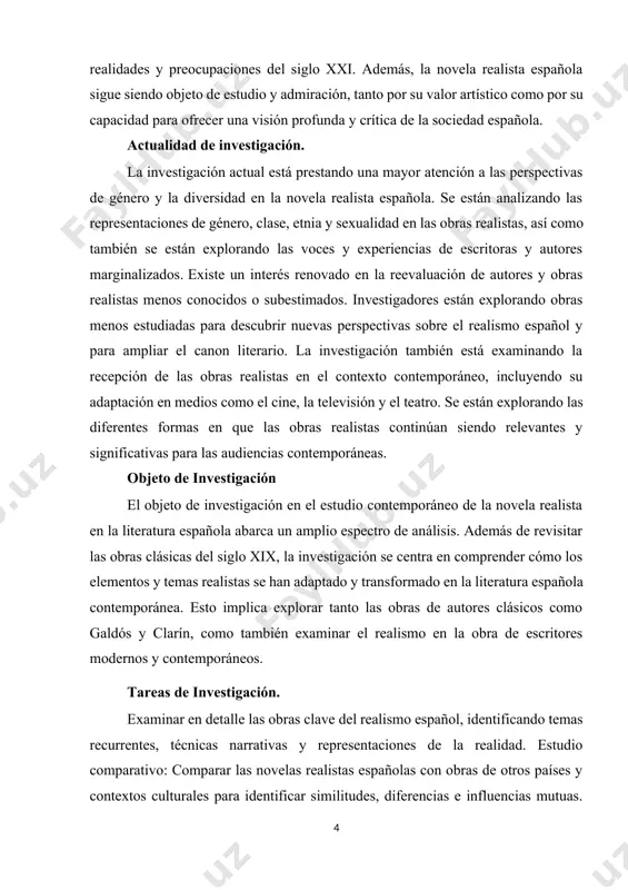 el impacto y la relevancia continua del realismo en la literatura española, tanto desde una perspectiva literaria como sociopolítica. metodología de investigación. la metodología de investigación en este tema es multidisciplinaria y puede incluir: - análisis literario: utilizar herramientas de análisis literario para examinar la estructura, el estilo, los personajes y los temas de las obras realistas. - estudios culturales: aplicar enfoques de estudios culturales para comprender cómo las obras realistas reflejan y comentan sobre la sociedad y la cultura españolas. - investigación histórica: emplear métodos de investigación histórica para contextualizar las obras dentro de su período histórico y examinar cómo los eventos históricos influyeron en su creación. - análisis comparativo: realizar comparaciones sistemáticas entre diferentes obras y autores para identificar patrones, tendencias y diferencias en la representación del realismo en la literatura española. - investigación cualitativa: recopilar y analizar datos cualitativos, como entrevistas con escritores, críticos literarios y académicos, …