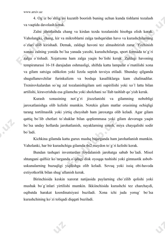 lablariga amal qilish lozim: 1. mashg`ulotlar ovqatlanish yoki ishdan 2 soatdan so`ng boshlanishi kerak. mashg`ulot uyqudan avval 2 soat tugashi kerak. 2. mashg`ulotlar orasi shunday bo`lishi lozimki kurashchining organizmi yetarlicha dam olib o`ziga kelsin. 3. mashg`ulotlar jadvalini shunday tuzish kerakki, mashg`ulot orasidagi tanaffusda zalni tozalash inventar va jixozlarni matda ta`mir qilishga vaqt qolsin. 4. zalda faqat bir gurux shug`ullanishi mumkin. bir necha gurux bo`lganda diqqat-e`tibor, sochilib, jarohat sodir bo`ladi. 5. trener 12-15 kurashchiga raxbarlik qilishi maqsadga muvofiqdir. shunday qilganda trener kurashchilar bilan yakka ishlashi ularning xatolarini vaqtida tuzatib bora olishi mumkin bo`ladi. chunki o`z o`rnida tuzatilmagan xato jaroxatga sabab bo`ladi. 6. xar bir guruh yoshi, jismoniy va sport tayyorgarligi jixatidan barobar kurashchilar bilan shug`ullanishi lozim. aks xolda gilamdagi tengsiz bellashuv jaroxatlanishga olib keladi.