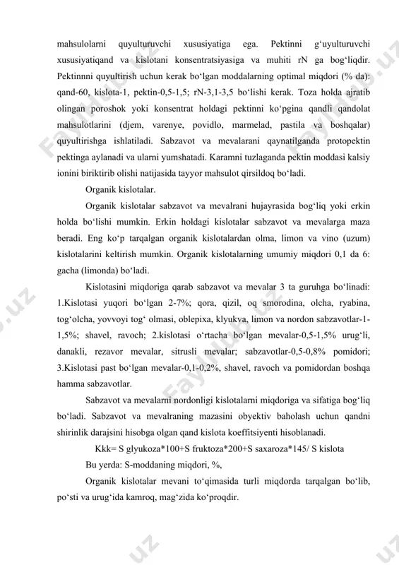 ni hisobga olgan qand kislota koeffitsiyenti hisoblanadi. kkk= s glyukoza*100+s fruktoza*200+s saxaroza*145/ s kislota bu yerda: s-moddaning miqdori, %, organik kislotalar mevani to‘qimasida turli miqdorda tarqalgan bo‘lib, po‘sti va urug‘ida kamroq, mag‘zida ko‘proqdir. azotli moddalar. azotli moddalarga oqsil va azot tutuvchi boshqa moddalar kiradi. azotli moddalar sabzavot va boshqa mevalar tarkibida nisbatan kam (0,6-7%) bo‘lsa ham ularni hayot faoliyatida katta ahamiyatga ega. maslina va dukkaklilar tarkibidagi oqsilni msiqdori (4-6%) bo‘lib alohida ajralib turadi. sabzavot va mevalara oqsildan tashqari yana erkin holdagi amonokislotalar, fermentlar, nuklein kislota, amidlar, glikozidlar, nitratlar va boshqalarni o‘zida saqlaydi. amonokislotalar modda almashinuvida aktiv qatnashadi va oqsilni sintez bo‘lishida ishtirok etadi. sabzavot va mevalarni saqlash davrida tinimsiz oqsilni gidrolizi (amonokislotagacha) va qaytar jarayon-amonokislotalardan oqsil sintez bo‘lishi jarayoni ketadi. sabzavot va mevalrani saqlashda ma’lum davrda oqsil muvozanati buziladi. kartoshkani saqlaganda tinch holatga o‘tish davrida oqsilni sintezi tezlashadi va uning miqdori oshib ketadi, ko‘karish davrida esa oqsil gidrolizga uchraydi va …