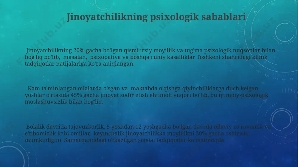 genetik omillar bilan bog'liq bo'lgan agressiv xulq-atvor holatlari 15% ni tashkil etgan, bu esa jinoyatlarda biologik omillar rolini ko'rsatadi. jinoyatchilik va jinoyatlilik tushunchalari jinoyatchilik, jinoiy huquqbuzarliklarning umumiy sonini ifodalovchi kengroq tushuncha bo'lib, 2022-yilda o'zbekiston bo'yicha qayd etilgan jinoyatlar soni 70 mingdan oshganini ko'rsatadi. jinoyatlilik esa, aniq bir hududda, masalan, toshkent shahri singari yirik shaharlarda, ma'lum vaqt oralig'ida sodir etilgan jinoiy harakatlar chastotasini aks ettiradi, statistik ma'lumotlarga ko'ra bu ko'rsatkich 100 000 aholiga nisbatan hisoblanadi. jinoyat va jinoyatchilik tushunchalari o'rtasidagi farq shundaki, jinoyat aniq bir qonun buzilishi (masalan, 156-modda bo'yicha o'g'irlik) ni bildiradi, jinoyatchilik esa bunday huquqbuzarliklarning umumiy miqyosini anglatadi. jinoyatchilikning yosh va jins bilan bog'liqligi o'zbekistondagi 2022 yilgi statistikaga ko'ra, jinoyatchilikning 60% dan ortig'i 18-35 yosh oralig'idagi erkaklar tomonidan sodir etilgan, toshkent shahri esa eng yuqori ko'rsatkichlardan birini qayd etgan. samarqand viloyatida o'tkazilgan tadqiqotlar shuni ko'rsatdiki, ayollar tomonidan sodir etilayotgan jinoyatlarning 45% o'g'irlik va firibgarlik bilan bog'liq bo'lib, ularning aksariyati …
