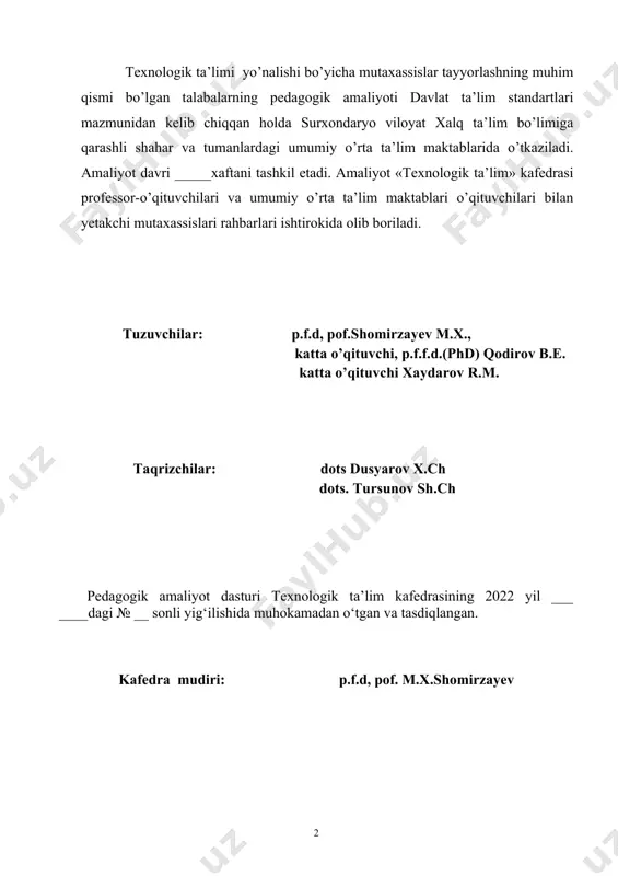 sh bo’yicha o’quv rejalari, fan dasturlari bilan tanishish · umumiy o’rta ta’lim maktablaridagi ma’naviy va ma’rifiy ishlar mazmuni, rejalari, tashkiliy strukturasini o’rganish · ishlab chiqarish ta’limi ustalarining faoliyatini o’rganish · to’garak rahbarlarining faoliyati bilan tanishish · maxsus fan o’qituvchilarining dars jarayonida o’quvchilar faolligini oshirish borasidagi olib borayotgan uslubiy ishlari tizimini o’rganish · umumiy o’rta ta’lim maktablaridagi texnologik dars jarayonlarida foydalanilayotgan yangi pedagogik texnologiyalar bilan tanishish · amaliy ishlarini bajarishda qullaniladigan uskuna va jixozlaridan samarali foydalanish usullarini o’rganish; · mustaqil ravishda ilmiy ishlar mavzusi va unga turdosh mavzularda yangi pedagogik texnologiyalar asosida mashg’ulotlar o’tkazish; · fan bo’yicha bo’sh o’zlashtiruvchi o’quvchilarga yordam berish usullarini o’rganish va ilmiy ishini bajarishda ularni e’tiborga olish; · fanga tegishli o’quv-uslubiy adabiyotlar bilan tanishish. ii. amaliyotning mazmuni 2.1. umumiy o’rta ta’lim maktablari: 2.2.1. umumiy o’rta ta’lim maktablari tarixi, kasb-hunarga yo’naltirish fanlari bo’yicha o’quv rejalari, fan dasturlari bilan tanishish. 2.2.2. umumiy o’rta ta’lim maktablaridagi ma’naviy va ma’rifiy ishlar …