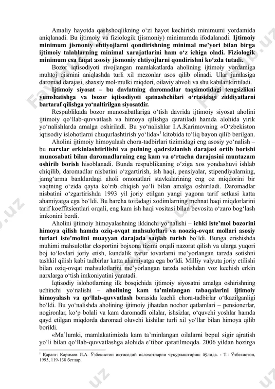 i munosabatlarni insonparvarlashtirish hamda ichki talabni ushlab turish hisoblanadi. aholi real daromadlari darajasiga inflyasiya sezilarli ta’sir ko‘rsatishi sababli daromadlarni davlat tomonidan tartibga solishning muhim vazifasi iste’mol tovarlari narxlarining o‘sishini hisobga olish va daromadlarni indeksatsiyalash, ya’ni nominal daromadlarni narxlar o‘sishiga bog‘liqlikda oshirib borish hisoblanadi. shaxsiy daromadni himoya qilishda ijtimoiy siyosatning muhim yo‘nalishi aholi kambag‘al qatlamini qo‘llab-quvvatlash hisoblanadi. amaliy hayotda qashshoqlikning o‘zi hayot kechirish minimumi yordamida aniqlanadi. bu ijtimoiy va fiziologik (jismoniy) minimumda ifodalanadi. ijtimoiy minimum jismoniy ehtiyojlarni qondirishning minimal me’yori bilan birga ijtimoiy talablarning minimal xarajatlarini ham o‘z ichiga oladi. fiziologik minimum esa faqat asosiy jismoniy ehtiyojlarni qondirishni ko‘zda tutadi. bozor iqtisodiyoti rivojlangan mamlakatlarda aholining ijtimoiy yordamiga muhtoj qismini aniqlashda turli xil mezonlar asos qilib olinadi. ular jumlasiga daromad darajasi, shaxsiy mol-mulki miqdori, oilaviy ahvoli va shu kabilar kiritiladi. ijtimoiy siyosat – bu davlatning daromadlar taqsimotidagi tengsizlikni yumshatishga va bozor iqtisodiyoti qatnashchilari o‘rtasidagi ziddiyatlarni bartaraf qilishga yo‘naltirilgan siyosatdir. respublikada bozor munosabatlariga …