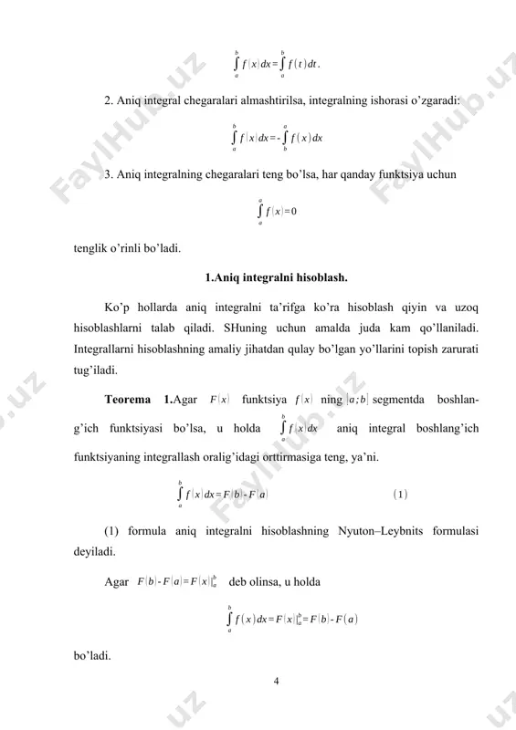 rat ishi. aniq integral. aniq integral–matematik analizning eng muhim tushunchalaridan biri bo’lib, u orqali turli ko’rinishdagi figura yuzlarini, yoylarning uzunliklarini, turli shakldagi jismning hajmini va hokazolarni hisoblash mumkin. [??;??] segmentda ??=???? uzluksiz funktsiya berilgan bo’lsin. 1. ??;?? segmentni ??=?? 0 ,?? 1 ,?? 2 ,…,?? ?? =?? nuqtalar bilan ?? ta bo’lakka bo’lamiz: ??=?? 0 <?? 1 <?? 2 <?<?? ?? =??. ular qismiy intervallar deyiladi. 2.qismiy intervallar uzunliklarini ? ?? 1 = ?? 1 ??? 0 ,? ?? 2 = ?? 2 ??? 1 , …,? ?? ?? = ?? ?? ??? ???1 bilan belgilaymiz. 3.har bir qismiy intervaldan bittadan ixtiyoriy nuqta tanlab olamiz: ?? 1 ,?? 2 ,…,?? ?? . 4.tanlangan nuqtalarda berilgan funktsiyaning qiymatini hisoblaymiz: ?? ?? 1 ,?? ?? 2 ,…,?? ?? ?? . 5.funktsiyaning hisoblangan qiymatlarini mos qismiy intervallar uzunliklariga ko’paytmasini tuzamiz: ?? ?? 1 • ? ?? 1 ,?? ?? 2 • ? ?? …