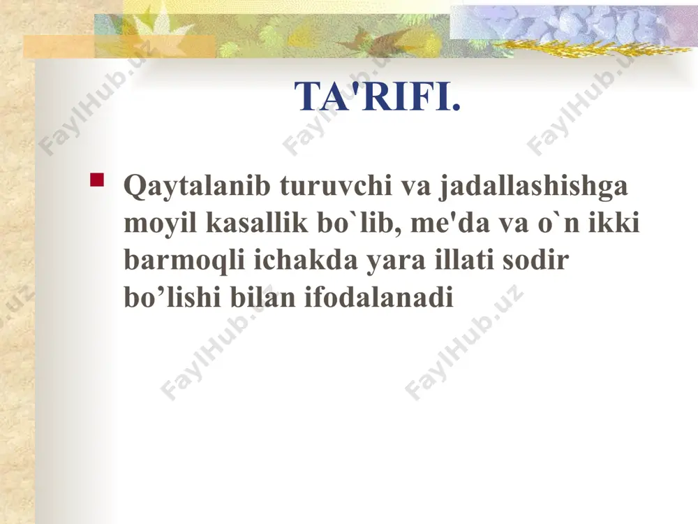 tral mukopolisaxaridlar bo`lgan me'da va o`n ikki barmogli ichak shillig’i; (2) sialo va sulfomutsinlar (4) normal maxalliy qon aylanishi tasnifi 1. etiologiyasiga qarab: a) xelikobakter pilori bilan bog’langan. b) xelikobakter pilori bilan bog’lanmagan. 2. joylashishiga qarab: a) me'da yarasi: a) kardiya qismi b) kichik egriligi v) pilorik bo’limi (oshqozonni chiqishi) g) antral bo’limi b) o’n ikki barmoqli ichak yarasi: a) piyozchasida b) piyozchadan tashqari bo’lim (postbulbar) c) me'da va o’n ikki barmoqli ichak yarasining birga mavjudligi 3. yara turiga qarab: a) yakka b) ko’pchilik 4. yara diametriga qarab: a) kichkina diametrli 0,5 sm gacha b) o’rta diametrli 0,5-1sm gacha c) katta diametrli 1,1-2,9sm d) ulkan (juda katta), me'da yarasi uchun 3sm va ortiq, o’n ikki barmoqli ichak yarasi uchun 2sm dan ortiq 5. klinik kechishiga qarab: a) tipik b) notipik - notipik og’riq sindromi bilan - og’riqsiz (lekin boshqa klinik belgilar bilan) - simptomsiz 6. me'daning sekretsiya miqdori bo’yicha: a) …