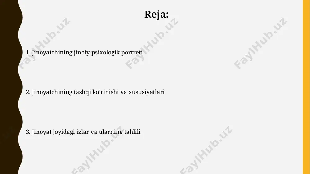 hollarda esa impulsivlik kuzatiladi, bu esa uning shaxsiyat xususiyatlari va psixologik holatini aks ettiradi. jinoyatchining nutqi va ovozi ovozning tembri, balandligi va intonatsiyasi tahlili jinoyatchining yoshini, ijtimoiy holatini va shaxsiyat xususiyatlarini aniqlashda muhim ahamiyatga ega, masalan, 70% hollarda baland ovozli agressiv shaxslar kuzatiladi. nutqdagi takrorlanishlar, to‘xtamlar va beixtiyor so‘zlar (masalan, "mmm", "eee") jinoyatchining asabiy holatini va yolg‘on gapirish ehtimolini ko'rsatadi. bunday holatlarning 85% kuzatiladi. qurollar va vositalar qurollar va vositalarning joylashuvi va tartibi jinoyatning xususiyatlarini, shu jumladan, jinoyatchining harakatlarining ketma-ketligini va maqsadlarini aniqlashga yordam beradi; masalan, tartibsiz joylashuv spontan harakatlarni ko'rsatishi mumkin. jinoyat joyida topilgan vositalarning dnk izlari yoki barmoq izlari kabi biologik dalillar tergovchilarga gumondorlarni aniqlash va ularning jinoyatdagi ishtirokini isbotlashda yordam beradi. bu kabi dalillar 90% dan yuqori ishonchlilik darajasini ta'minlaydi. jinoyatchining kiyim-kechagi va aksessuarlari jinoyatchining kiyim-kechagida 20-30 yosh oraligʻidagi yigitlarga xos boʻlgan 3-4 ta oʻrtacha hajmda boʻlgan, yorqin rangdagi futbolkalar va keng shim modellari aniqlandi, bu uning …