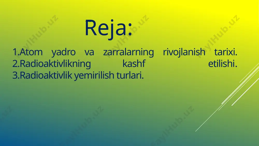etdilar.e.rezeford va yuqorida nomlari zikr etilgan olimlarning kuzatushlari natijasida radioaktiv moddalar o’zidan uch xil ko’rinishdagi (α,β va γ) nurlarni chiqishini aniqladi va bu nurlarning tabiati o’rganildi: a-nurlar ikkita musbat zaryadga ega bo’lgan geliy atomining yadrosidan iborat; nurlar manfiy zaryadga ega bo’lgan elektronlardan; y-nurlar retgen nurlariga o’xshaydigan elektromagnit nurlanishdir. radioaktivlik,asosan, kuyuri yoki uning ulushlari orqali ifodalinadi.aktivlik 1 kyuri sifatida radioaktiv moddaning bir sekundda 3,71 ta yadrosining yemirilishi qabul qilingan. radioaktivlikning kashf qilinishi fan va texnikanining taraqqiyotiga katta hissa qo’shdi. u moddalar tuzilishi va xossalarini o’rganishda yangi davr ochib berdi. radioaktivlikning kashf etilishi radioaktiv yemirilish turlari a-yemirilish β-yemirilish γ-yemirilish yadroning o’z-o’zidan bir yoki bir necha zarrachalardan chiqish hodisasi radioaktivlik deyiladi.shunday yadrolarni radioaktiv yadro deb yuritiladi. radioaktivlik yadrolarning o’zidan biron-bir turdagi zarralarni chiqarib,boshqa yangi yadroga aylanish jarayoni radioaktiv yemirilish deyiladi.atom α- va β-nurlar chiqarib,boshqa elementlarga aylanishga a-va β-yemirishlar deyiladi.γ-yemirilish so’zi esa ishlatilmaydi,chunki a- va β-yemirilishning o’zida γ-nurlanish ham bo’ladi. a-yemirilish. og’ir yadrolarning o’z-o’zidan …