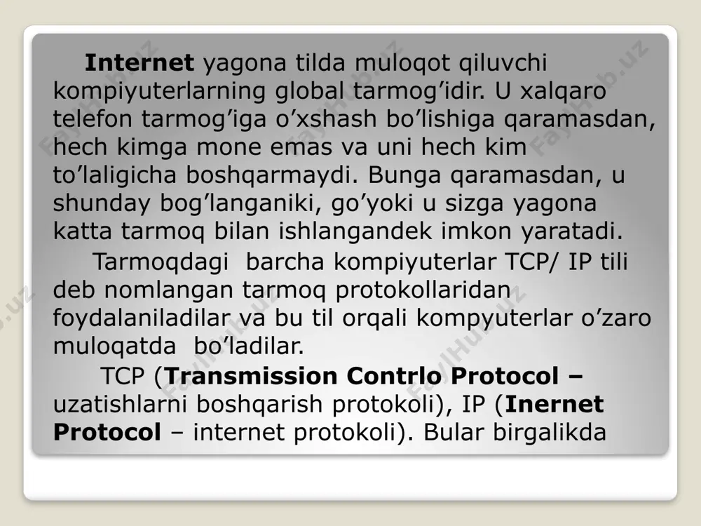lari va h.k. bo’lishi mumkun. siz web ga ulanganingizda dunyo bo’yicha tarqalgan ma’lumotlarni olish imkoniyatiga ega bo’lasiz. word wide web jahondagi barcha insolarning muloqat qilish usulini o’zgartiradi. u kunda kuniga keng taraqaliyotgan va ma’lumotlar to’plamini olishning tarixda teng yo’q yangi global vositadir. so’nngi yillar ichida web o’zida juda ko’p ma’lumotlarni – birja xabarlari, ishga takliflar, yangiliklar uchun elektro e’lonlar taxtasi, kinofilimlar haqida ma’lumot turi rang – barang bo’lib, ulardan ayrimlari e’tibordan uzoq bo’lsa, ayrimlari juda muhimdir. webda adashish web tugunlarini internetdagi katta kutubxona sifatida tasavvur qilish mumkin. web tuguni go’yoki bu kutubxonadagi kitob, web “sahifasi” go’yoki kitobning sahifasididir. sahifalarni to’plash tugunlar deb ataladi. odatda web bo’yicha sayohat ma’lum bir tugundir boshlanadi. xuddi kitobning muqovasi yoki mundarijasidek tuguning boshlang’ich nuqtasini “birinchi sahifasi” tashkil qiladi. har bir sahifa tuguning birinchi sahifasi bilan birhalikda url (universal resource locator) formatidagi unikal adresga ega. masalan, yuqoridagi ma’lumotlar olingan url sahifasining adresi: http://home.microsoft.com/intl/ru/tutorial/surfing1. htm web sahifalarini …