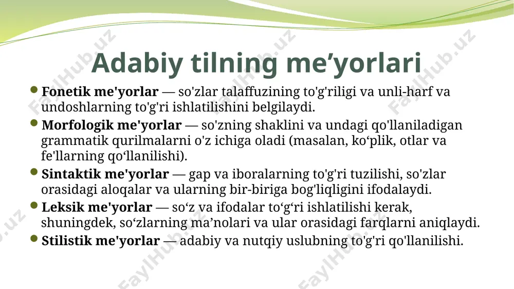 kitoblar) keng foydalanishga imkon beradi. o‘zbek tilini sun’iy intellekt va tarjima dasturlari uchun qulay qiladi. yangi alifbo va imlo me’yorlariga mos darsliklar, lug‘atlar va interaktiv o‘quv materiallari taqdim etilmoqda. imlo va adabiy me’yorlar o‘quvchilarning yozma va og‘zaki nutq ko‘nikmalarini rivojlantirishga yordam beradi. xulosa yangi alifbo va imlo me'yorlari o‘zbek tilining rivojlanishida muhim qadamdir. u tilni zamonaviy texnologiyalarga moslashtiradi, xalqaro maydonda uni tanitadi va milliy o‘zlikni saqlashga xizmat qiladi. shu bilan birga, adabiy til me'yorlari nutq va yozuvda aniqlik, go‘zallik va mantiqiylikni ta'minlaydi. ularning to‘g‘ri ishlatilishi har bir o‘zbekistonlik uchun til madaniyatining ajralmas qismi bo‘lishi kerak. foydalanilgan adabiyotla o‘zbek tili grammatikasi. i. g‘. g‘ulomov, n. z. mahmudov va boshqalar. toshkent, o‘zbekiston milliy ensiklopediyasi, 2003. o‘zbek adabiy tili tarixi. n. mahmudov, toshkent, 2014. o‘zbek tilining izohli lug‘ati (5 jildlik). toshkent: o‘zbekiston milliy ensiklopediyasi nashriyoti, 2006–2008. o‘zbekiston respublikasining "lotin yozuviga asoslangan o‘zbek alifbosini joriy etish to‘g‘risida"gi qonuni, 1993-yil 2-sentyabr. "davlat tili to‘g‘risida"gi qonun …