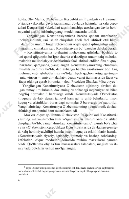 arini himoya qilishning mutlaqo yangi mexanizmlarini nazarda tutuvchi konstitutsiyaviy asoslar mustahkamlandi. hokimiyatlar botinishi prinsipi hamda o'zaro tiyib turish va man- faatlar muvozanati tizimining zamonaviy konsepsiyasini hisobga oigan holda, oliy majlis, o'zbekiston respublikasi prezidenti vahukumati o'rtasida vakolatlar qayta taqsimlandi. joylarda hokimlar va xalq depu- tatlari kengashlari vakolatlari taqsimlanishiga asoslangan davlat hoki- miyatini tashkil etishning yangi modeli nazarda tutildi. yangilangan konstitutsiyamizda barcha qatlam manfaatlari inobatga olinib, uni ishlab chiqishda aholi faol ishtirok etdi ham- da ushbu muhim hujjat referendum orqali qabul qilinganligi ushbu hujjatning chinakam xalq konstitutsiyasi bo'lganidan dalolat beradi. - konstitutsiyamiz loyihasini muhokama qilishdan boshlab to uni qabul qilguncha bo'lgan davrda o'tkazilgan umumxalq muhoka- malarida millionlab yurtdoshlarimiz faol ishtirok etdilar. shunuqtayi nazardan qaraganda, yangilangan konstitutsiyamizning chinakam muallifi xalqimiz bo'ldi. deb aytishga barcha asoslarimiz bor. eng muhimi, endi islohotlarimiz yo'lidan hech qachon ortga qaytmay- miz, «inson - jamiyat - davlat», degan yangi tizim asosida faqat va faqat oldinga qarab boramiz, - dedi …