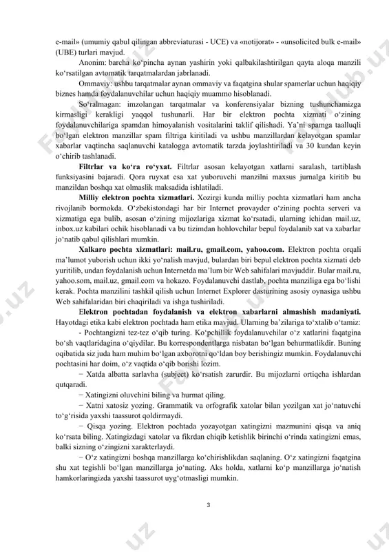 dagi ixtiyoriy fayllarni ham jo‘natishi mumkin. buning uchun prikrepit tugmachasi bosiladi. agar bir nechta faylni jo‘natish kerak bo‘lsa, qolgan fayllar ham shu tartibda tanlanadi. foydalanuvchi elektron pochtasiga kelgan xatlarni ko‘rishi uchun vxodyaщie buyrug‘i tanlanadi. ekranda pochtaga kelgan xatlar ro‘yxati paydo bo‘ladi. unda xat kimdan, mavzusi, pochtaga qachon kelib tushgan va fayl o‘lchami to‘g‘risida ma’lumot saqlangan. foydalanuvchi xatni o‘qishi uchun, тема bandida sichqonchaning chap tugmachasi bosiladi. ekranda xat mazmuni paydo bo‘ladi. foydalanuvchi xatni o‘qishi va agar zaruriyat bo‘lsa файлпечать buyrug‘i orqali printerda chop qilishi mumkin. elektron pochtadagi keraksiz xatni o‘chirish uchun dastlab u belgilanadi va udalit tugmachasi bosiladi. o‘chirilgan fayl korzinaga borib tushadi. korzinani tozalash очистить korzina buyrug‘i orqali amalga oshiriladi. xabarlarni ko‘pchilikka yuborish. ma’lum bir sabablarga ko‘ra bir xil mazmundagi xabarlarni bir necha manzil yoki pochta qutisiga yuborish zaruriyati paydo bo‘ladi. shunda, komu darchasiga xat jo‘natilishi kerak bo‘lgan elektron manzillar “ ; ” (nuqta vergul) belgilari bilan ajratiladi, masalan: (tuit@tuit.uz; …