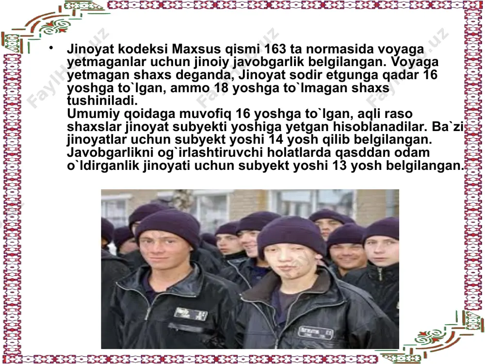 ajburlov choralari ro`yxati qat`iy bo`lib, kengaytirib talqin qilinishi mumkin emas. shuning uchun voyaga yetmaganlarga nisbatan jinoyat kodeksi maxsus qismi tegishli moddasi sanksiyasida ko`rsatilgan bo`lsada, lekin 84-modda ko`rsatilmagan jazo choralari qo`llanilmaydi; 4) 4) belgilangan jazo choralari yengilidan og`iriga qarab joylashtirilgan. o`zbekiston respublikasi jinoyat kodeksi 81-moddasida ko`rsatilgan jazolar voyaga yetmaganlarga nisbatan tayinlanishi mumkin bo`lgan jazo turlarining qat`iy ro`yxatidir. ushbu moddada jazo tizimi eng yengilidan og`iriga qarab joylashtirilgan, ya`ni: 1) 1) jarima 2) 2) axloq tuzatish ishlari 3) 3) qamoq 4) 4) ozodlikdan mahrum qilish axloq tuzatish ishlari — bu mahkumni sud hukmi bilan belgilangan muddatga majburiy ravishda mehnatga jalb qilib, uning ish haqidan davlat foydasiga muayyan miqdordagi foiz undirish tariqasidagi jazo chorasi. bu jazo voyaga yetmaganlarni mehnatga jalb qilish bilan tuzatish va qayta tarbiyalashga qaratilgandir. voyaga yetmaganlarga nisbatan axloq tuzatish ishlarini qo`llashning quyidagi shartlari mavjud: 1) 1) subyektiv tarkibning qat`iy cheklanganligi; 2) 2) jazoni qo`llash muddati. axloq tuzatish ishlari faqat mehnatga layoqatli …