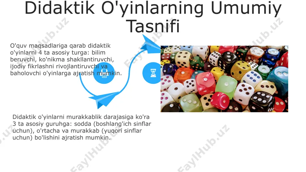 siqaga bo'lgan qiziqishlarini oshirish uchun, 7 ta asosiy notani (do, re, mi, fa, sol, la, si) o'rgatish, 3 ta akkordni (major, minor, dominant) tushuntirish kabi turli xil interaktiv elementlardan foydalanadi. musiqa o'yinlari matematik o'yinlar ba'zi matematik o'yinlar, o'quvchilarga 10 ga qadar bo'lgan sonlarni qo'shish, ayirish, ko'paytirish va bo'lish kabi asosiy arifmetik amallarni o'rgatish uchun mo'ljallangan bo'lib, ularda rangli tasvirlar va interaktiv elementlar qo'llaniladi. strategiya va taktik fikrlashni rivojlantirishga yo'naltirilgan matematik o'yinlar mavjud bo'lib, ularda o'yinchi raqiblarga qarshi 3x3 yoki undan katta o'lchamdagi maydonlarda raqamli to'plamlarni boshqarishi kerak. strategiya va taktik fikrlashni rivojlantirishga yo'naltirilgan matematik o'yinlar mavjud bo'lib, ularda o'yinchi raqiblarga qarshi 3x3 yoki undan katta o'lchamdagi maydonlarda raqamli to'plamlarni boshqarishi kerak. qo'llanma o'yinlari qo'llanma o'yinlari, o'quv jarayonini 2-3 marta qiziqarliroq qilishga yordam beradi, bolalarning 5-7 yoshdagi kognitiv rivojlanishiga ijobiy ta'sir ko'rsatadi. qo'llanma o'yinlari, o'quv maqsadlarini yanada samaraliroq bajarish uchun, individual yoki guruh shaklida, 15-20 minut davomida o'tkazilishi mumkin. e'tiboringiz uchun …