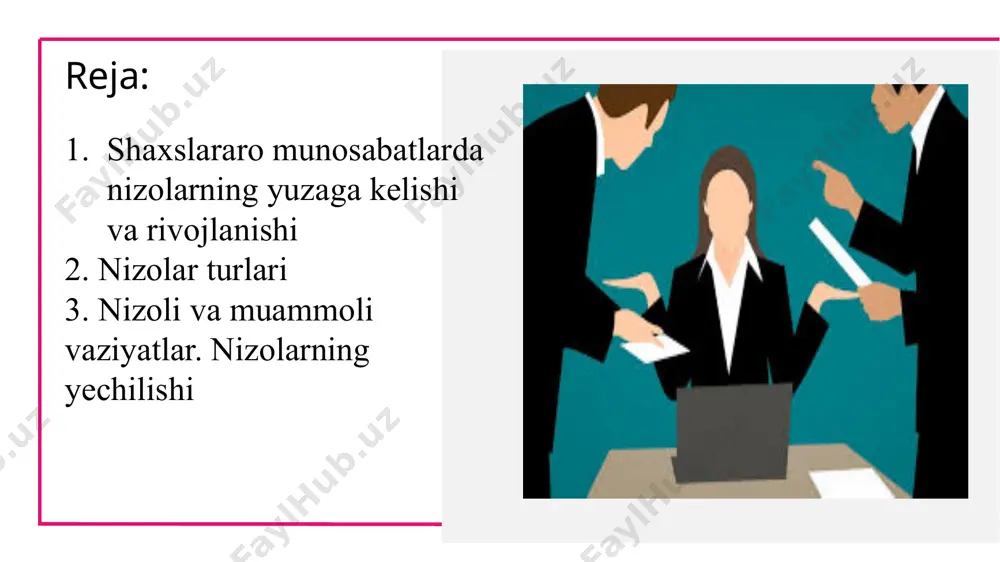 i — boshqaruvda vazifalaming to'g'ri, aniq taqsimlanmaganligidir. nizo — muloqot ishtirokchilarining har biri uchun muhim bo'lgan muammoni hal etish vaqtida ular o'rtasida vujudga kelgan qarama-qarshilik va kurashning keskin kuchayib ketish jarayonidir. nizoning asosi muloqot ishtirokchilarining biri ikkinchisining o'z ehtiyojlarini qondirish, o'z maqsadlariga erishish jarayoniga to'sqinlik qila boshlashi tufayli paydo bo'ladi. bu — nizoli vaziyat. nizo dinamikasi uch bosqichdan iborat: yetilish, ro'yobga chiqish, so'nish. l-bosqichda nizo ro'yobga chiqishining oldini olish mumkin. samarali usullardan biri kommunikativ o'zaro ta’sir sohasidan predmetli faoliyat sohasiga o'tish. ro'yobga chiqish bosqichiga o'tgan nizoning oldini olib bo'lmaydi. so'nish bosqichining kelishini kutish kerak bo'ladi. bu bosqichda korreksion tadbirlarni o'tkazish samaralidir. nizolar bir qancha belgilariga ko'ra tasniflanadi: natijasiga ko`ra: konstruktiv — munosabatlaming yaxshilanishi, muammoning ikkala tomon uchun ijobiy hal etilishiga olib keladi. destruktiv — munosabatlarning yomonlashuviga, muammoning hal etilmasligiga olib keladi. davom etish vaqtiga ko'ra: uzoq muddatli — ro'yobga chiqish bosqichi cho'zilib ketgan nizo, qisqa muddatli — ro'yobga chiqish bosqichi …