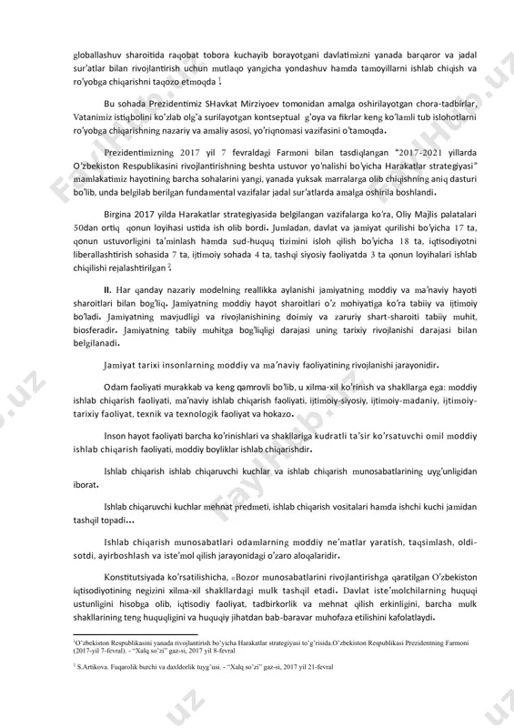xossalariga tomon boriladi. real jamiyat va uning ideallashtirilgan modeli aynan bo’lishi mumkin emas. jamiyatning ideal modeli real jamiyatning mohiyatini aks ettiradi. uning ichki, barqaror, zaruriy, takrorlanuvchi aloqa va munosabatlarini e’tiborga oladi. ideal model - "sof", quruq, qat’iy qonun va mantiq kuchiga asoslangan obyekt. real jamiyat murakkab, rang-barang, boy. unda qonuniy, zaruriy, muhim, takrorlanuvchi aloqa va munosabatlardan tashqari konkret vaziyat, tarixiy sharoitdan kelib chiquvchi takrorlanmas, tasodifiy, muhim bo’lmagan, beqaror aloqa va munosabatlar ham bo’ladi. real jamiyat dinamik rivojlanishdagi hayotiy organizmdir. o’zbekistonda jamiyatimizni rivojlantirishning o’z modeli ishlab chiqilgan. ushbu kontsentsiyaning asosiy qoidalari i.a.karimovning “o’zbekiston-bozor munosabatlariga o’tishning o’ziga xos yo’li” (1993) asarida nazariy asoslab berilgan. bozor iqtisodiyotiga o’tishniig bu yo’li-besh tamoyilga asoslanib respublikamizning iqlimiy o’ziga xosligi va manfaatlariga, uning hayot sharoiti va imkoniyatlariga, o’zbek xalqi an’analariga, tarixi va ma’naviyatiga mos keladi, ozod va obod vatan, erkin va farovon hayot qurishdek maqsadni aks ettiradi. o’zbek modelining asosiy tamoyillari quyidagilardir: -iqtisodni mafkuradan holi etish, uning …