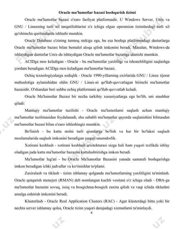 alni o’chirish buyrug’i. jadvalni o'chirish imkoniga ega bo’lish uchun, jadval egasi (ya’ni yaratuvchisi) bo’lshingiz kerak. faqat bo‘sh jadvalni o'chirish mumkin. qatorlarga ega bo’lgan, to’ldirilgan jadvalni o‘chirish mumkin emas, ya’ni jadval o‘chirishdan oldin tozalangan bo’lshi kerak. jadvalni o'chirish buyrug'i quyidagi ko‘rinishga ega: drop table ; ishni bajarish tartibi biz fakultet, spection, guruhlar nomli uchta jadval kiritamiz. endi o’sha jadvallarni oracle mbbt da yuqorida sintaksisini keltirib o’tganimiz komandalardan foydalanib yaratamiz:birinchi navbatda fakultet uchun jadval hosil qilamiz. buning uchun brauzerimizda oracle ning sql commandsbo’limiga o’tib, quyidagi komandani teramiz va run buyrug’ini bosamiz: object browser bo’limiga o’tib, qidiruv oynasiga jadvalimiz nomini yozamiz va yaratgan jadvalimizni ko’ramiz: jadvalimizda mavjud ma’lumotlarni ko’rish uchun ushbu bo’limning data bandiga o’tamiz. lekin hozircha jadvalimiz bo’shligi uchun this table contains no data – bu jadvalning ma’lumotlari yo’q deganxabar chiqadi. 1. endi esa spection uchun jadval yaratamiz. sql commands ga o’tib teramiz va run: yana object browser ga o’tamiz va ko’ramiz: …