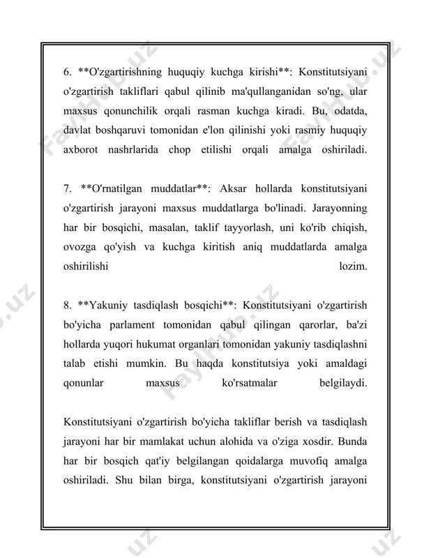 majlisning qonunchilik palatasi tomonidan ko'rib chiqiladi. qonunlar va ularning o'zgartirishlarini ishlab chiqish va tasdiqlash bo'yicha jarayonlar hech kamida uch o'qishda amalga oshiriladi: - **birinchi o'qish:** loyihaning umumiy kontseptsiyasi va asosiy qoidalari muhokama qilinadi. loyihani o'rganish uchun maxsus qo'mitalarga topshiriladi. - **ikkinchi o'qish:** loyihaning detallari va moddalarini batafsil muhokama qilish kiradi. bu bosqichda qo'shimchalar va o'zgartirishlar kiritilishi mumkin. - **uchinchi o'qish:** yakuniy tahrir va qabul qilish jarayoni amalga oshiriladi. muhim masalalarga doir o'zgartirishlar kiritiladi va tajziyadan o'tkaziladi. 3. **parlamentda ishlash tartibi:** oliy majlisda o'zgarishlar muhokama qilinishi uchun bir qancha qo'mitalar faoliyat olib boradi, ular muayyan sohalarga ixtisoslashgan. masalan, qonunchilik va saylov qo'mitasi, byudjet va iqtisodiy islohotlar qo'mitasi, ta'lim, fan, madaniyat va sport qo'mitasi. 4. **raqamlar bo'yicha tahlil:** parlamentda ko'rib chiqiladigan qonun loyihalari va boshqa hujjatlar o'zgarishlar kiritilish jarayonida har bir qo'mita tomonidan taxminan 200-300 ta yig'ilish o'tkaziladi. har bir yilda o'rtacha 100-150 ta yangi qonun qabul qilinadi yoki amaldagi huquqiy hujjatlarga …