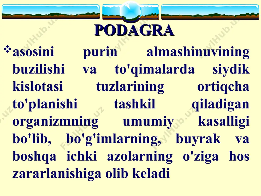 lar tasir ko'rsatadi: uzoq vaqt ko'p miqdorda ovqat istemol qilish puringa boy mahsulotlarni keragidan ortiq istemol qilish alkogolni ko'p istemol qilish qabziyat patogenezi urat kristallari tomonidan fagositlar, sinovial hujayralar va bo'g'imlarning boshqa komponentlarining proyallig'lanish (yallig'lanishni keltirib chiqaruvchi) mediatorlari sintezining stimullanishi neytrofillarning endoteliyga adgeziyasi va neytrofillarning bo'g'im bo'shlig'iga tushishi qonda proyallig'lanish (yallig'lanishni keltirib chiqaruvchi) mediatorlarining paydo bo'lishi o'tkir podagrik artritga hos belgilarning namoyon bo'lishi urikozuriya darajasiga ko'ra giperurikemiyaning 3 turi va shunga mos podagraning 3 turi farqlanadi metabolik buyrak aralash. metabolik tur 60 % bemorlarda uchraydi yuqori uraturiya (3,6 mmol/sut ortik) siydik kislotasini normal klirensi. buyrak turi 10 % bemorlarda uchraydi past uraturiya (1,8 mmol/sut dan kam) siydik kislota klirensi (3,0-3,5 ml/min). aralash turi 30 % ga yaqin bemorlarda uchraydi. normal yoki kamaygan uraturiya siydik kislota normal klirensi. sog'lom kishilarda siydik kislota klirensi 6-7 ml/min ni tashkil qiladi, sutkalik uraturiya - 1,8-3,6 mmol (300-600 mg). o'tkir podagrik artritning tasnifii mezonlari (s.l.wallace …