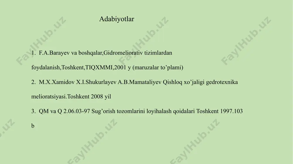 : 1.muvaqqat ariqning suv sarfi 60 l/s dan oshmasligi kerak. 2.muvaqqat ariqning suv sarfishox ariqning suv sarfiga bog‘liq bo‘lishi kerak. 3.muvaqqat ariq sug‘oradigan maydon 5 – 10 ga bo‘lishi kerak. 4.muvaqqat ariqning ish vaqti 2 sutkadan oshmasligi kerak. bu yerda: ω ma – muvaqqat ariq xizmat qiladigan maydon ga; sug‘orish texnikasi- bu maʼlum bir texnik jixoz va inshootlar yordamida suvni oqova xolatidan tuproq namiga aylantirishdir. sug‘orish usuli va sug‘orish texnikasining turlaridan qatʼiy nazar ularga quyidagi talablar qo‘yiladi: -sug‘orish suvining sug‘orish dalasi uzunligi va tuproq faol qatlam chuqurligi bo‘ylab bir tekis taqsimlanishi; -sug‘orish suvining tuproq faol qatlam ostiga sizilishiga, havoga bug‘lanishiga va tashlamalarga tashlanishiga yo‘l qo‘ymaslik; -tuproq donadorligini saqlash, tuproqning botqoqlanishiga yo‘l qo‘ymaslik, sug‘orishni to‘liq mexanizatsiyalash va avtomatlashtirish; -tuproqni o‘simlik ildizi ozuqa oladigan faol qatlamining suv, havo, issiqlik, tuz va ozuqa rejimlarini boshqarish; -sug‘orish maydonini oqilona tashkil etish, sug‘orishda yuqori ish unumi va sifatiga erishish shuningdek, qishloq xo‘jaligi ekinlaridan yuqori va …