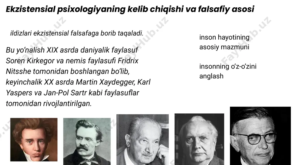 ni topishi va uni amalga oshirishi kerak. ekzistensial bo'shliq: inson hayotida ma'noni topa olmasa, ekzistensial bo'shliqni boshdan kechirish mumkin. bu holat ko'pincha zerikish, depressiya va tushkunlik kabi belgilar bilan ifodalanadi. mas'uliyat: inson o'z hayotidagi ma'noni topish va uni amalga oshirishda mas'uliyatni o'z zimmasiga olishi kerak. bu o'z-o'zini anglash va o'z hayotiga nisbatan faol munosabatni talab qiladi. azob-uqubatning ma'nosi: frankl azob-uqubatlar ham inson hayotida ma'no topishga yordam berishi mumkin deb hisoblaydi. agar inson azob-uqubatlarga duch kelganda ham ularni o'z hayotining bir qismi sifatida qabul qilsa va ulardan ma'no topsa, bu unga ruhiy jihatdan kuch beradi. mahbuslarning ma'no qidirishi: mahbuslar orasida kelajakda qandaydir maqsadga erishish istagi bo'lganlar yashashga ko'proq kuch topganlar. kasallik bilan kurashish: masalan, saraton kasaliga chalingan bir bemor kasalligi tufayli o'z oilasi bilan ko'proq vaqt o'tkazish va ularga mehr berish imkoniyatiga ega bo'lishi mumkin. bu ma'no kasallikka qarshi kurashishda unga ruhiy kuch beradi. professional maqsadlar: insonlar o'z kasblarida ham ma'no …