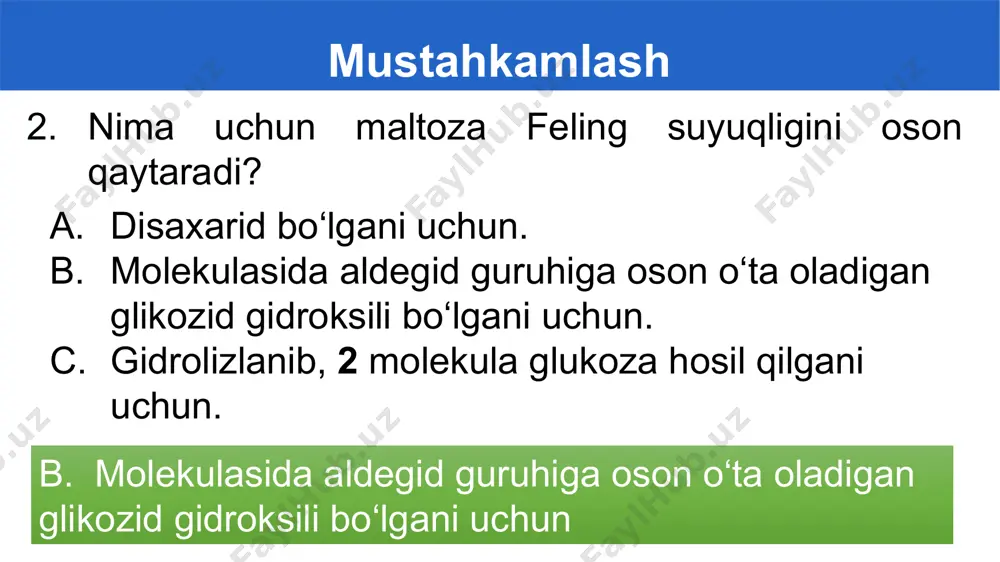 suvda erimaydi, sellulozaning molekular massasi juda katta hisoblanadi. kraxmal selluloza kimyoviy xossalari selluloza “kumush ko‘zgu” reaksiyasini bermaydi (aldegid guruhi yopiq). selluloza kislotalarda eritilganda qisman gidrolizlanadi. bunda glukoza hosil bo‘ladi. (c6h10o5)n + (n-1)h2o nc6h12o6 selluloza glukoza h2so4 , t0 kimyoviy xossalari selluloza ham yonadi. bunda uglerod(iv) oksid va suv hosil bo‘ladi. (c6h10o5)n + 6no2 6nco2 + h2o mustahkamlash maltozaning gidrolizlanish reaksiyasini yozing. bir molekula maltoza gidrolizlanganda ikki molekula glukoza hosil bo‘ladi. c12h22o11 + h2o 2c6h12o6 maltoza glukoza mustahkamlash kraxmalning gidrolizlanish reaksiyasini yozing. kraxmalnning gidrolizi natijasida faqat glukoza hosil bo‘lgani uchun bu zvenolar molekulasi qoldiqlari degan xulosaga kelamiz. (c6h10o5)n nc6h10o5 + (n-1)h2o h2so4 , t0 kraxmal glukoza mustahkamlash 3. sellulozaning yonish reaksiyasini yozing. selluloza ham yonadi. bunda uglerod(iv) oksid va suv hosil bo‘ladi. (c6h10o5)n + 6no2 6nco2 + h2o mustaqil bajarish uchun topshiriqlar “polisaxaridlar. kraxmal va selluloza” mavzusini o‘qish. 2. 130-sahifa 8-topshiriqni bajarish image1.png image2.png image3.png image4.png image5.png image6.png image7.jpg image8.jpg image9.jpg …