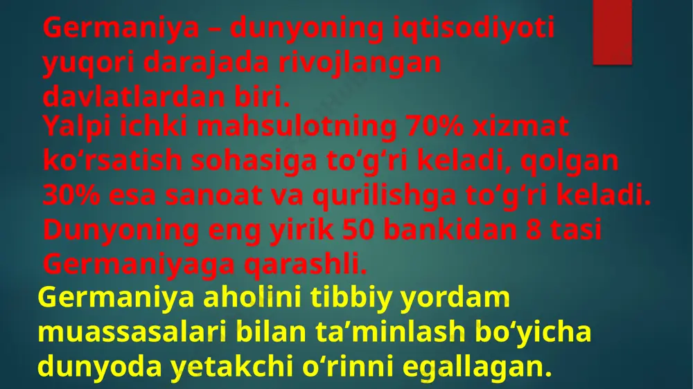 'armasi ma'lumotlariga ko'ra, 2017 yilda mamlakat evro hududi iqtisodiyotining 28 foizini tashkil etdi . yalm o'sishi 1,8% (2022) -0,5% (2023) 0,2% (2024) aholi jon boshiga yalm $52,800 (nominal; 2023) tarmoqlar bơ'yicha yalm qishloq xojaligi : 0,7% sanoat : 30,7% xizmatlar: 68,6% komponentlar bo'yicha yalm uy xo'jaliklari iste'moli: 53,1% davlat iste'moli: 19,5% asosiy kapitalga investitsiyalar: 20,4% tovar-moddiy zaxiralarga investitsiyalar: -0,5% tovar va xizmatlar eksporti: 47,3% tovar va xizmatlar importi: -38,7% eksport 1,62 trillion dollar (2022) import 1,17 trillion dollar (2022) eksport tovarlari avtomobillar, mashinalar, kimyo, kompyuter va elektron mahsulotlar, elektr jihozlari, farmatsevtika, metallar, transport uskunalari, oziq-ovqat mahsulotlari, toqimachilik, kauchuk va plastmassa buyumlar import tovarlari mashinalar, malumotlarni qayta ishlash uskunalari, transport vositalari, kimyo, neft va gaz, metallar, elektr jihozlari, farmatsevtika, oziq- ovqat, qishloq xo'jaligi mahsulotlari elektron mahsulotlar 8.8 % rezina va plastmassa mahsulotlari 17.3 % metallurgiya 15.2 % boshqa tovarlar 31.5 % oziq- ovqat 14.2 % tayyor metal mahsulotlari 13 % e'tiboringiz …