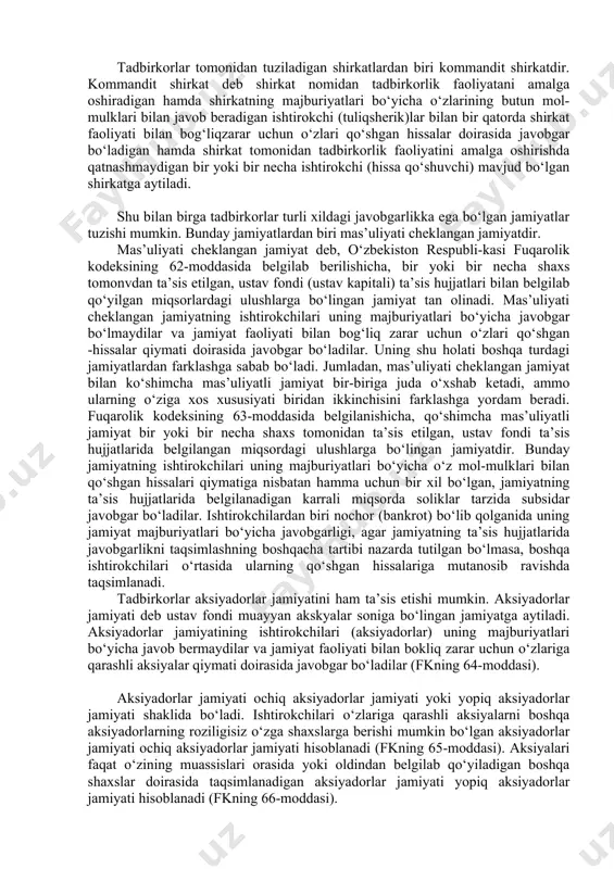 chikerish va mexnatni tashkil etishdaga o‘zgarishlar, xodimlar soni (shtati) yoki ish xusubiyatining o‘zgarishiga olib kelgan ishlar hajmining qiskdrganligi yoxud korxonaning tugatilganligi; 2) xodimning malakasi yetarli bo‘lmaganligi yoki sorlig‘i holatiga ko‘ra bajarayotgan ishiga noloyiq bo‘lib qolishi; 3) xodimning o‘z mehnat vazifalarini muntazam ravishda buzganligi. avval mehnat vazifalarini buzganligi uchun intizomiy yoki moddiy javobgarlikka tortilgan yoxud unga nisbatan mehnat to‘g‘risidagi qonunlar va boshqa me’yoriy hujjatlarda nazarda tutilgan ta’sir choralari qo‘llanilgan kundan e’tiboran bir yil mobaynida xodim tomonidan takroran intizomga xilof nojo‘ya harakat sodir qilinishi mehnat vazifalarini muntazam ravishda buzish hisoblanadi; 4) xodimning o‘z mehnat vazifalarini bir marta qo‘pol ravishda buzganligi: a) xodim bilan tuzilgan mehnat shartnomasini bekor qilishga olib kelishi mumkin bo‘lgan mehnat vazifalarini bir marta qo‘pol ravishda buzgan deb hisoblash asoslari; b) ichki mehnat tartibi qoidalari; v) korxona mulkdori bilan korxona rahbari o‘rtasida tuzilgan mehnat shartnomasi; g) ayrim toifadagi xodimlarga nisbatan qo‘llaniladigan intizom haqidagi nizom va ustavlar bilan belgilanadi. xodimning o‘z …