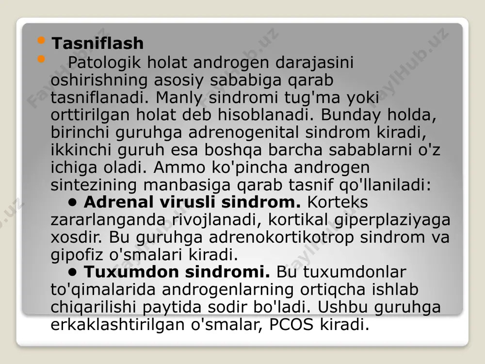 an soch follikulalari, qorin, yuz, oyoqlar, bilaklar va mushaklar ta'sirlanadi. ko'pgina hollarda semptomlar asta-sekin va asta-sekin paydo bo'ladi, shuning uchun o'zgarishlarni sezish qiyin. ammo, agar sindromning sababi shish bo'lsa, alomatlar tezda paydo bo'ladi. ular quyidagilar bo'lishi mumkin: - soch to'kilishi - ovozning yo'qolishi (o'zgarishi) - amenoreya- og'riq, noqulaylik, sut bezidagi o'zgarishlar - sochning ortiqcha o'sishi - akne - dismenoreya - past bo'yli. patogenez adrenogenital sindrom bilan adrenal gormonlar sintezida ishtirok etadigan fermentlarda nuqson mavjud. bu kortizolning kam ishlab chiqarilishiga va acth reaktsiyasining ortiqcha ishlab chiqarilishiga olib keladi. natijada, buyrak usti korteksining giperplaziyasi yuzaga keladi, ularning hujayralari progesteron, 17-gidroksiprogesteron va erkak gormonlarini faol ravishda ishlab chiqaradi. glyukokortikoid etishmovchiligi gipoglikemiya rivojlanishiga olib keladi, bu esa bolalarga toqat qilish qiyin. acth melanotsitlarni ogohlantiruvchi gormonal retseptorlarga yaqinlik qiladi va terida melanin sintezini yaxshilaydi, shuning uchun viril sindrom giperpigmentatsiya bilan birga keladi. bu yosh bolalarda ham, voyaga etgan erkaklarda ham uchraydi. pigmentatsiyaning kuchayishi tananing har …