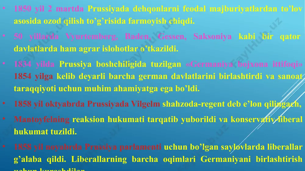yangidan kurash boshlandi. 1862 yilning 11 martida qirolning maxsus farmoyishi bilan deputatlar palatasi tarqatib yuborildi, liberal ministrlar iste’foga chiqarildi. qirol liberallashtirish siyosatiga chek qo’ydi. ko’pgina shaharlarda aholining hukumatga qarshi norozilik chiqishlari bo’lib o’tdi. 1862 yil bahoridagi yangi saylovlarda progressistlar yana g’alaba qozondilar. progressistlar hukumatga bosim o’tkazib, agar ularning talablari bajarilmaydigan bo’lsa, harbiy soha uchun mablag’lar ajratishni to’xtatishini ma’lum qildi. keyinroq harbiy kreditlarni to’xtatilishi siyosiy inqirozni juda keskinlashtirdi. qirol hatto taxtdan voz kechishga ham tayyor turdi. ammo prus yunkerlarining konservativ militaristlari boshqacha yo’l tutdilar. ularning taklifi bilan 47 yoshli otto fon bismark 1862 yil 24 sentyabrda qirol tomonidan prezident ministr (bosh ministr) qilib tayinlandi. otto fon bismark (1815-1898) kelib chiqishi va tabiatiga ko’ra prus yunkerlarining haqiqiy vakili edi. u umri davomida prussiya taxtiga sodiqlik bilan xizmat qilib, germaniyada prussiya hukmronligini o’rnatish uchun kurashdi. bismark o’zining 1848-1849 yillar inqilobi davrida o’zining demokratiyaga qarshi chiqishlari bilan tanilgan edi. u 1848-1849 yillar inqilobini tanqid …