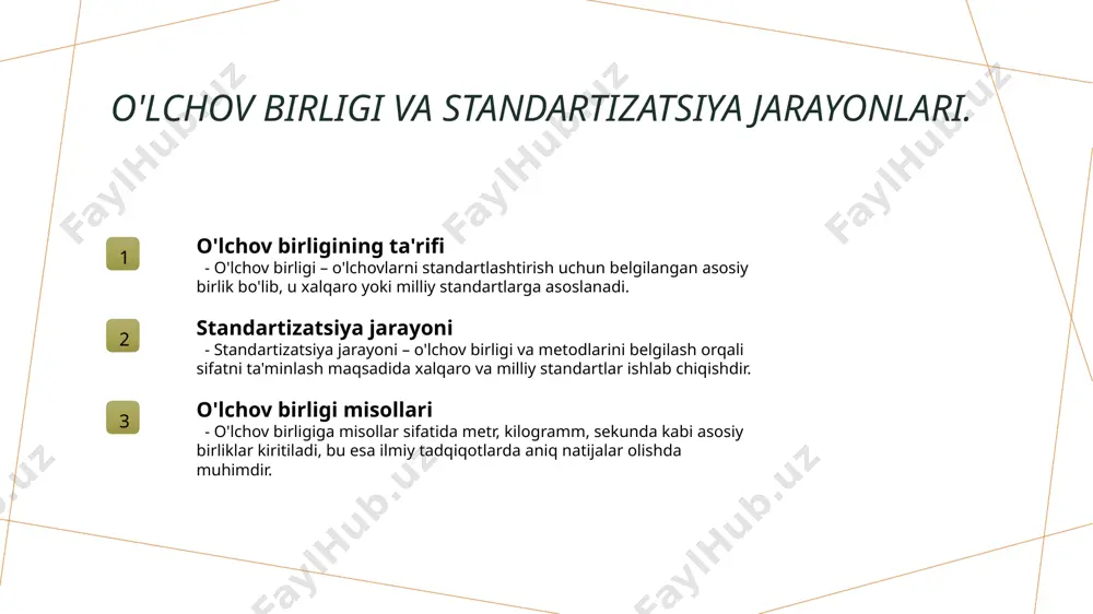nologiyalar, aniqlik va tezlikni oshiradi. 04 o'qitish va malaka oshirish o'lchov xatoliklarini kamaytirish uchun xodimlar malakasini oshirish zarur. o'qitish natijasida xodimlar o'lchov jarayonlarini samarali boshqaradilar. xulosa metrologiyaning ahamiyati xatoliklar va ularning tahlili innovatsiyalar va metrologiya metrologiya, o'lchovlar va xatoliklarni o'rganish orqali ilm-fan va texnologiyaning rivojlanishiga katta hissa qo'shadi. o'lchovlar ishonchli va aniqlikni ta'minlaydi. o'lchov xatoliklari turlari va sabablarini tahlil qilish, natijalarni yaxshilashda muhimdir. ularning kamaytirilishi ilmiy tadqiqotlarda natijalarning ishonchliligini oshiradi. metrologiya va innovatsiyalar o'rtasidagi aloqalar, yangi texnologiyalarni ishlab chiqish va o'lchovlarda aniqlikni oshirishga yordam beradi, bu esa raqobatbardoshlikni ta'minlaydi. foydalanilgan adabiyotlar 1. m. murodov. o'lchash nazariyasi va metrologiya. o'zbekiston fanlar akademiyasi, 2021 2. a. qodirov. metrologiya va o'lchashlar: asosiy tushunchalar va nazariyalar. toshkent, 2020 3. s. abdullaeva. xatoliklar nazariyasi va uning tadqiqotlarda qo'llanilishi. o'zbekiston respublikasi ta'lim vazirligi, 2019 4. r. sultonov. o'lchashlar va standartizatsiya: metrologiyadagi yangiliklar. metrologiya va o'lchashlar jurnali, 2022 5. d. davronov. metrologiya va xatoliklarni kamaytirish metodlari. o'zbekiston …