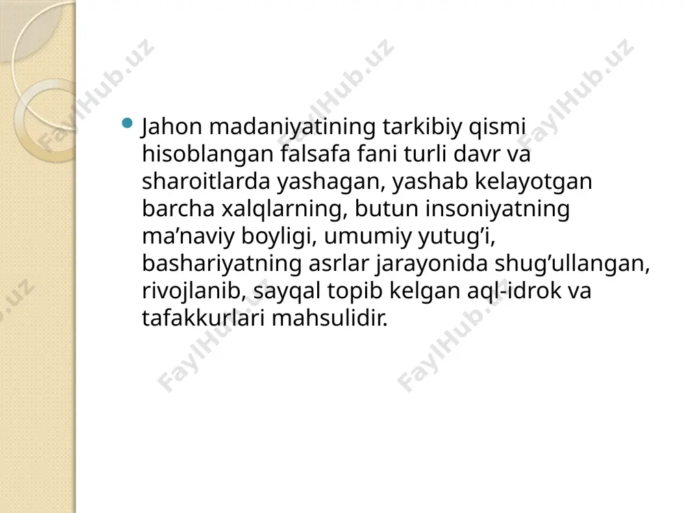 o‘lchash), astronomiya (aniq quyosh taqvimining tuzilishi keyinchalik evropada taqvimga asos bo‘lgan), tibbiyot (anatomiya tuzilishi, miya va qon tomirlari xaqidagi ta’limot, jarrohlik), kimyo (turli moddalarning xususiyatini o‘rganish va bu bilimlardan mayitni mumiyolashda foydalanish) sohalaridagi keng tushunchalari xaqida dalolat beradi. qadimgi dunyoning ma’lum tarixiy davrigacha falsafiy tafakkurni alohida o‘ziga xos dunyoqarash sifatida shakllanishi kuzatilmagan. eramizdan avvalgi vii- vi asrlar insoniyat tarixida muhim burilish davri bo‘lib, qadimgi hindiston, misr, xitoyda falsafiy tafakkurning kurtaklari vujudga kela boshlaydi. mifologik davr nihoyasiga etdi, ratsional idrok davri shakllandi, xozirgacha mavjud bo‘lgan asosiy tushuncha va tasniflar ishlab chiqildi. buddaviylik din va falsafani birlashtiruvchi umumiy qarashlarni ilgari surdi. xitoyda falsafa maktablari rivojlandi. eronda zardo‘shtiylik mifologik – falsafiy ta’limoti davlat dini darajasida qabul qilindi va qonunlashtirildi. hindistonda veda ta’limotining yangi falsafiy maktablar yaratish davri boshlandi, upanishadalar paydo bo‘ldi. diniy-afsonaviy tasavvurlar bilan bir qatorda, boshqa bir ma’naviy zamin tajribaviy bilimlar va ilm-fan kurtaklari (riyoziyot, astronomiya, tabobat, yer ishlari haqidagi bilimlar, metallurgiya, …