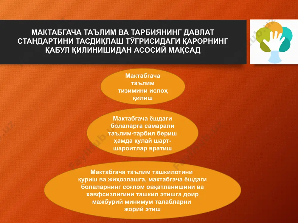 ажбурийдир давлат стандарти камида беш йилда бир марта қайта кўриб чиқилади. эътиборингиз учун раҳмат! мактабгача таълим вазирлиги image2.png image3.png image4.jpeg image5.png image6.jpg image15.crdownload image1.png /docprops/thumbnail.jpeg