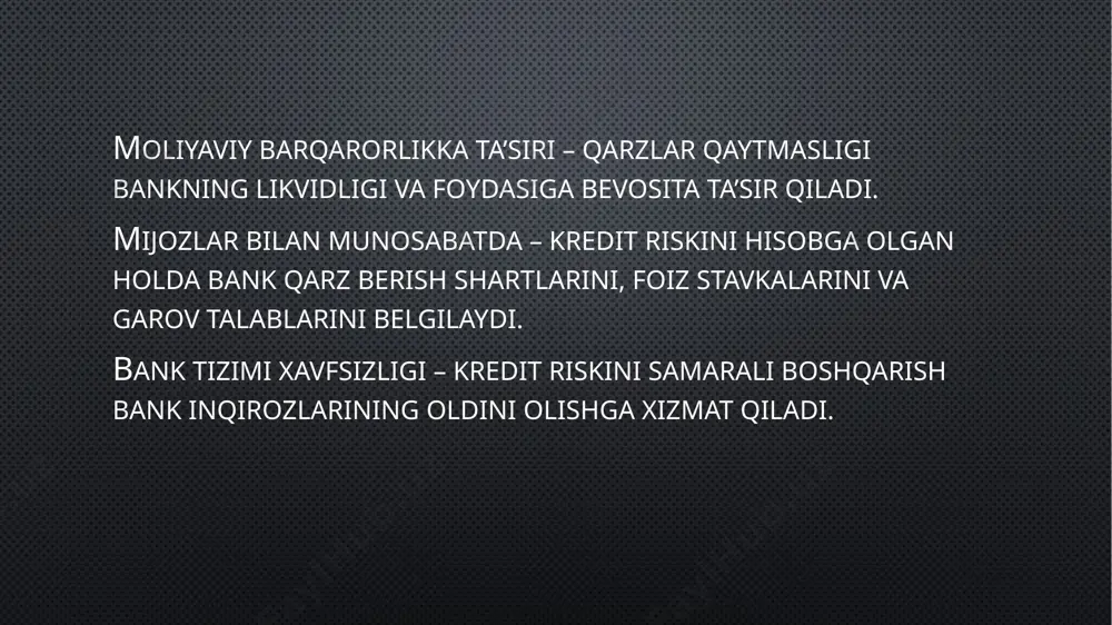 oliyaviy instrumentlar mavjud bo‘lib, ular kreditni qaytarilmaslik riskini sug‘urtalash imkonini beradi. 5. o‘zbekistondagi amaliyot – bugungi kunda yirik banklar ipoteka va iste’mol kreditlari uchun sug‘urta kompaniyalari bilan hamkorlik qilmoqda. bu orqali nafaqat bank, balki qarz oluvchi ham o‘z manfaatlarini himoya qiladi. e’tiboringiz uchun raxmat image2.jpeg image3.jpeg image4.jpeg image5.png image6.jpeg image7.jpeg image8.png image9.jpeg image10.jpeg image11.png image12.jpeg /docprops/thumbnail.jpeg