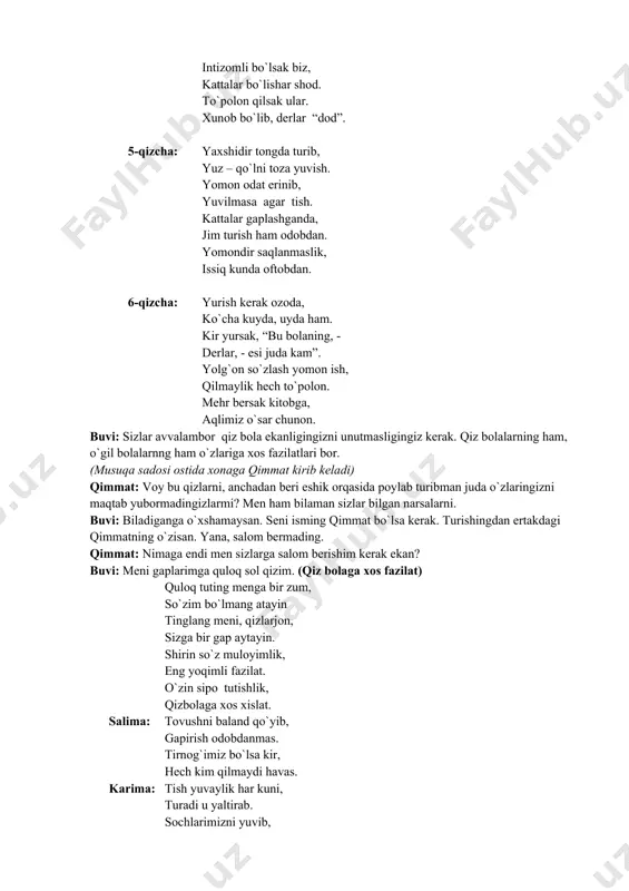 sizning aytganlaringizni bajaramiz. qizcha: biz qimmatga o`xshab somsa tugib bilmayman, deb o`tirmaymiz. buvi: qani kelinglarchi, mana bu yerda somsaga xamir tayyorlab qo`yganman. hozir hammangizning chaqqonligingizni bir sinab ko`ramiz. “somsa tugish” qimmat bilan bellashuv o`tkaziladi. qimmatning ishi ham hammaga manzur bo`ladi. ikki qiz somsalarni pishirish uchun olib ketishadi. buvi: barakalla qaqajonlarim, hammangiz juda chaqqon ekansizlar. ayniqsa qimmat ancha uquvli qiz bo`lib qolibdi. siz odob haqida ancha narsalarni bilar ekansizlar. aytinglarchi odobning qanday turlarini bilasiz? 1. salomlashish odobi 1. dasturxon odobi 1. o`rtoq bo`lish odobi 1. kiyinish odobi 1. ko`chada yurish odobi 1. qo`shnichilik odobi buvi: barakalla, bobo va buvijonlarni hurmat qilish haqida nimalarni bilasiz? 7-qizcha: derlar qari bilganin, parilar bilmaydilar. qariyalar hech kimni, xafahol qilmaydilar. ular zukko, donodir. nasihatgo`y, mehribon. xuddi ular aytganday, to`g`riso`zbo`l, o`rtoqjon. 8-qizcha: chorlasalar, “labbay” deb, so`zlariga quloq sol. agar ish buyursalar, “xo`p bo`ladi”, de darhol. ularning har bir so`zi, duru gavhar, tillodir. yo`q, tillomas, aslida, tillodan ham …
