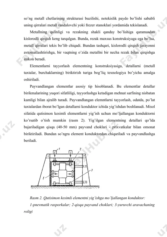 llining sifatini yaxshilaydigan legirlovchi qo’shimchalarga ega, shuningdek payvandchini yoy olovidan chiqayotgan yorug’lik ta’siridan himoya qiladi. avtomatik payvandlash chokning yuqori sifatliligini, uning mustahkamligi elementning asosiy metalli mustahkamligidan kam bo’lmasligini ta’minlaydi. burchak payvand choki sifatining yanada yuqori bo’lishi elementlarni “qayiqcha” usulida payvandlanganda ta’minlanadi. elementning bunday holatida erigan metall yoyilib ketmaydi va chok yaxshi shakllanadi. buning uchun turli aylantirgichlar (kantovateli) qo’llaniladi (rasm 4). rasm 4. aylantirgich: 1 – elektrod; 2 – flyus valigi qutisimon kesimli elementlarni tayyorlashda ikki yoyli avtomatlar qo’llaniladi (rasm 5). payvandlash jarayonida elementning simmetrik qizishi chok metallining sovishi paytida uning deformatsiyalanishini oldini oladi, mehnat sarfini kamaytiradi va elementni tayyorlash muddatini qisqartiradi. yarim avtomatik payvandlash paytida agregat qo’lda siljitiladi (rasm 3 ga qarang), elektrodli sim esa avtomatik ravishda etkazib beriladi. bu usul qisqa choklar hosil qilishda yoki tor joylarni payvandlash paytida qo’llaniladi. qo’lda payvandlashdan shift choklarini va qisqa choklarni (prixvatkalarni) hosil qilishda foydalaniladi. bunda flyus qoplamali elektrodlar bilan almashtiriladi, payvandchi esa …