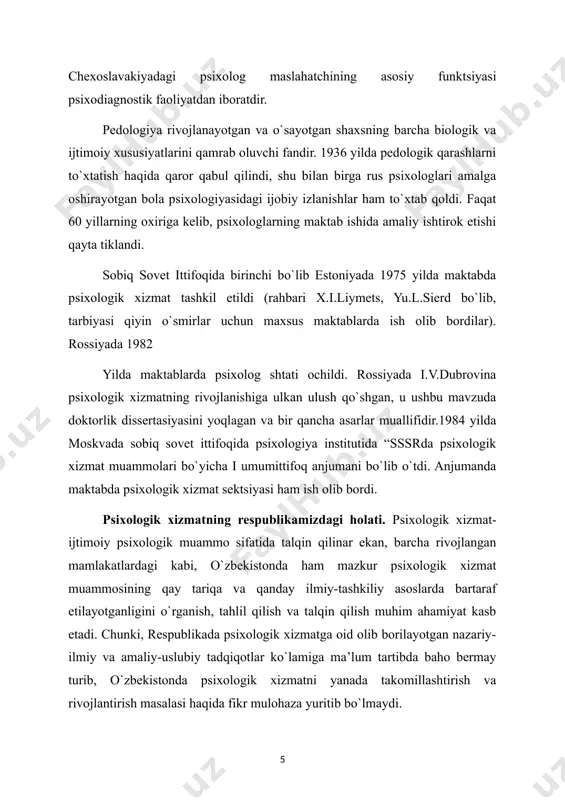 dashuvlar asosidagina amalga oshirildi. shunday bo`lsa-da, o`zbekistondagi umumta’lim tizimi bilan bog`liq izlanishlar va tadqiqotlar to`xtab qolgani yo`q. ayniqsa, p. i. ivanov, v. e. chudnovskiy, m.g. davletshin, m. vohidovlar tomonidan ishlab chiqilgan qator ilmiy va metodik tavsiyalar maktabda psixologik xizmat tatbiqini yaratish uchun ma’lum darajada asos bo`lib keldi. binobarin, 70-80-yillarda toshkent davlat universiteti psixologiya kafedrasi olimlari tomonidan ijtimoiy psixologik tadqiqotlarning hayotga tatbiqini amalga oshirish maqsadida talaygina mehnat jamoalarida psixologik xizmat tizimi joriy qilindi va respublikamizda ilk bor qator mehnat va ishlab chiqarish jamoalarida inson va mehnat faoliyati, shaxs va shaxslararo munosabatlar, ishchi va rahbar, ruhiyat va rentabellik, rahbar va jamoa psixologiyasi bilan bog`liq ilmiy-amaliy ishlar olib borildi. shuningdek, 60-70 yillarda o`zbekiston pedagogik fanlar ilmiy tekshirish instituti xodimlari p.p.zimin, v.a.tokareva, m.sh.rasuleva, m.dadajonovlar tomonidan maktabda psixologik xizmat tatbiqini o`rganishga oid qator izlanishlar, amaliy tadbirlar olib borildi. ayniqsa, 1966 yilda chirchiq shahrida axloqiy tarbiyaga oid,1973 yilda andijonda oilaviy tarbiyaga oid, samarqandda taniqli psixolog n.a.menchinskaya …